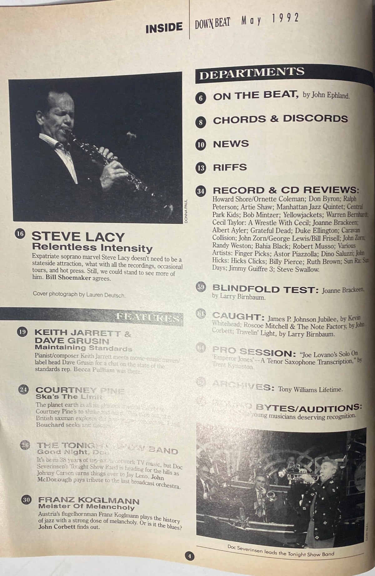 Inside page of Down Beat Magazine May 1992 presenting departments and features, including 'Steve Lacy: Relentless Intensity', with coverage on various artists and jazz music.