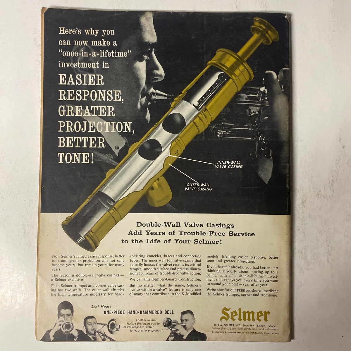 Back cover of Down Beat Magazine July 2, 1964 30th Anniversary Issue promoting Selmer musical instruments with an emphasis on enhanced features for better performance.
