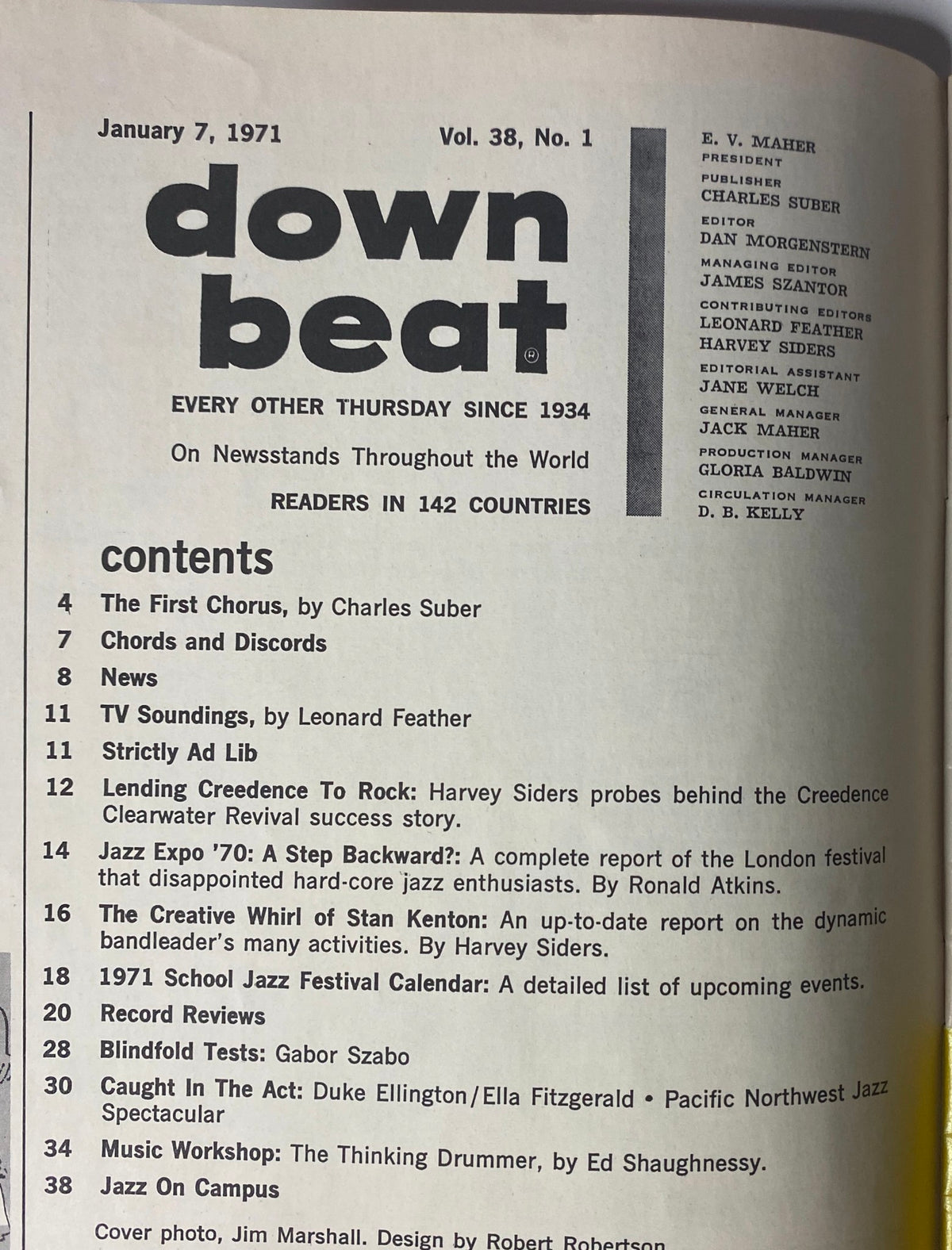 Interior view of Down Beat Magazine January 7, 1971 Vol 38 No. 1 featuring contents including articles on Stan Kenton, Creedence Clearwater Revival, and various jazz reviews.