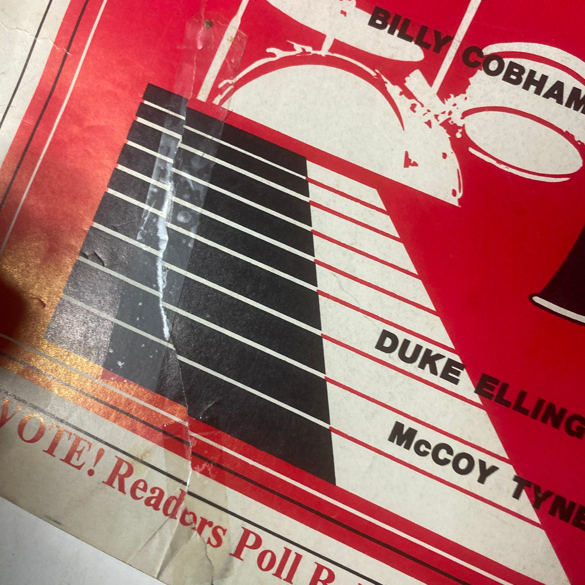 Detail from the cover of Down Beat Magazine October 12, 1972, Vol 39 No. 16, featuring an image of a piano keyboard and a list of influential jazz musicians including Billy Cobham and Duke Ellington.