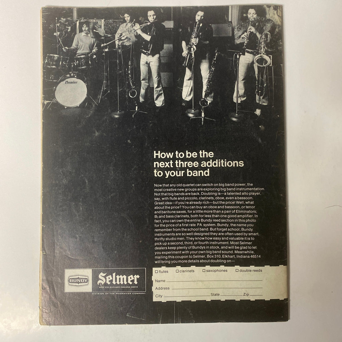 Back cover of Down Beat Magazine October 12, 1972, Vol 39 No. 16, showcasing an advertisement with jazz musicians and instruments, promoting Selmer products.
