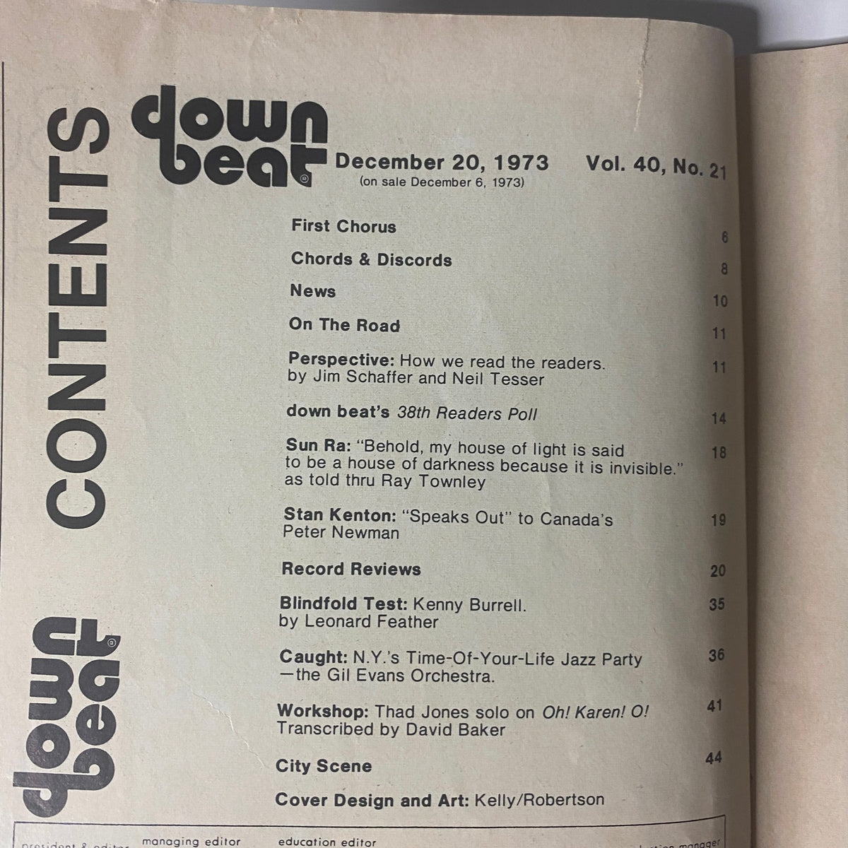 Table of contents from Down Beat Magazine, December 20, 1973, Vol. 40 No. 21, listing articles and features including Stan Kenton, Sun Ra, and Blindfold Test with Kenny Burrell.