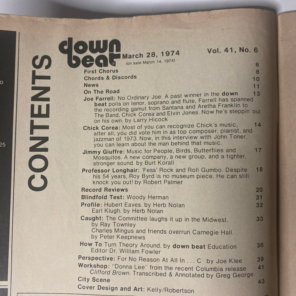 Contents page of Down Beat Magazine, March 28, 1974, Vol 41 No. 6 listing articles including Joe Farrell, Chick Corea, and Professor Longhair.