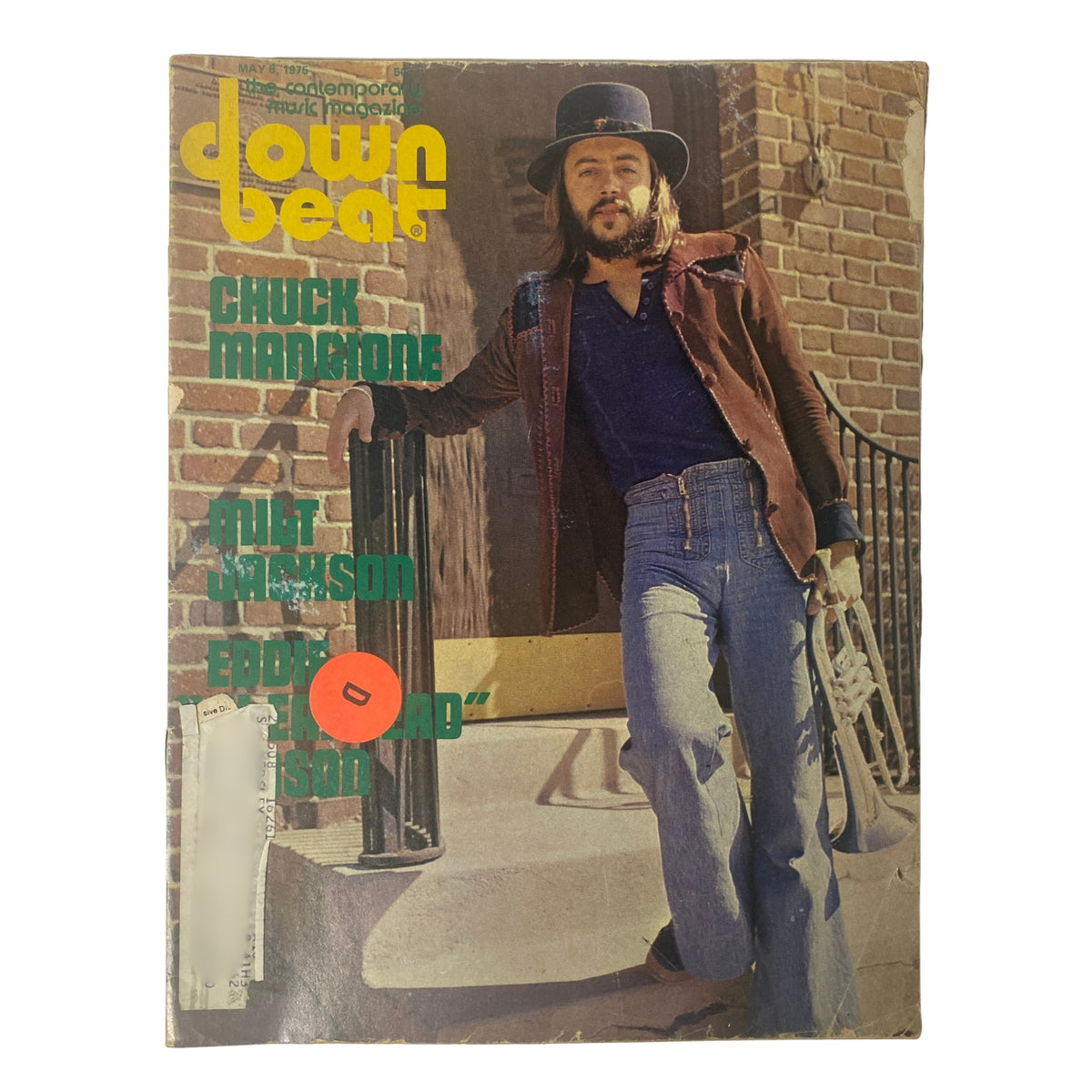 Cover of Down Beat Magazine dated May 8, 1975 featuring Chuck Mangione, Milt Jackson, and Eddie ''Cleanhead'' Vinson, showcasing a vibrant photograph by Bruce W. Talamon.