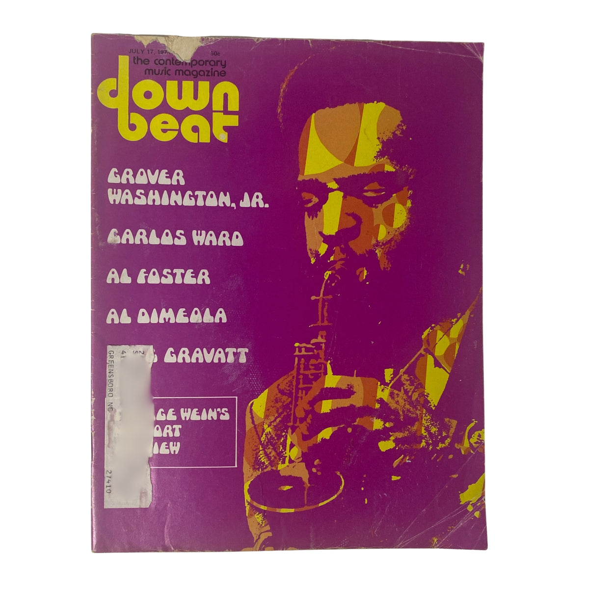 Cover of Down Beat Magazine July 17, 1975, featuring Grover Washington Jr., Carlos Ward, Al Foster, and Eric Gravatt. The magazine highlights jazz music and artists.