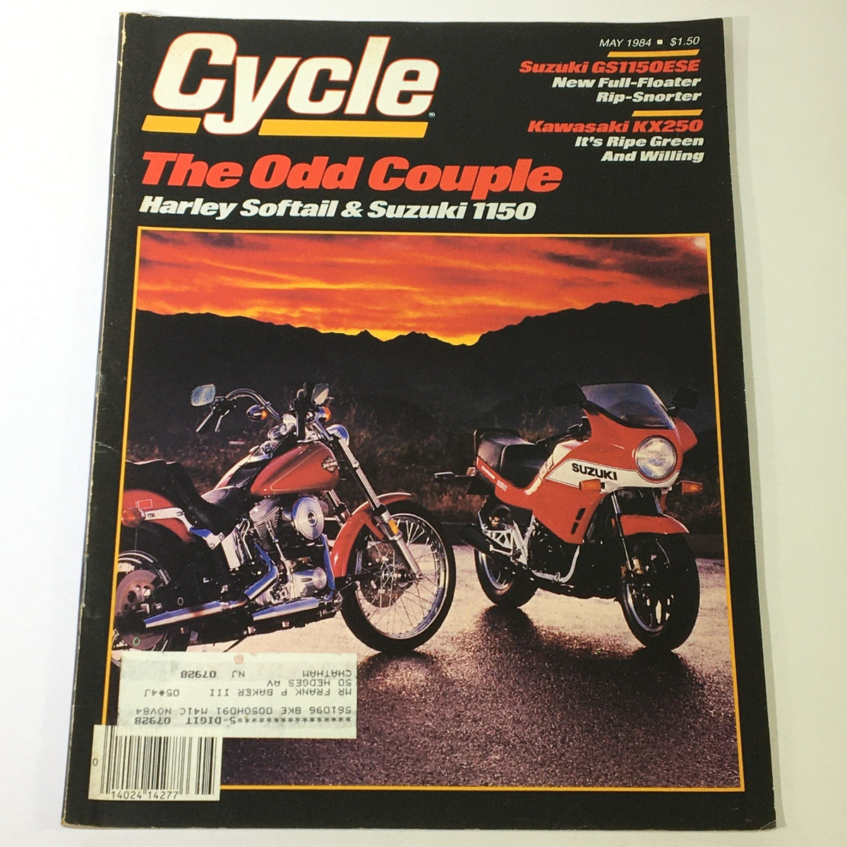 Cover of VTG Cycle Magazine May 1984 featuring Harley Softail and Suzuki 1150 alongside Kawasaki KX250, showcasing iconic motorcycle designs and vibrant colors.