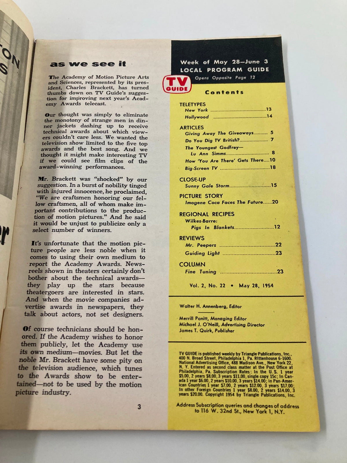 Interior page of TV Guide Magazine May 28 1954 showcasing local program guide and articles including sections on teletypes and Hollywood. Includes content mention of Gale Storm.