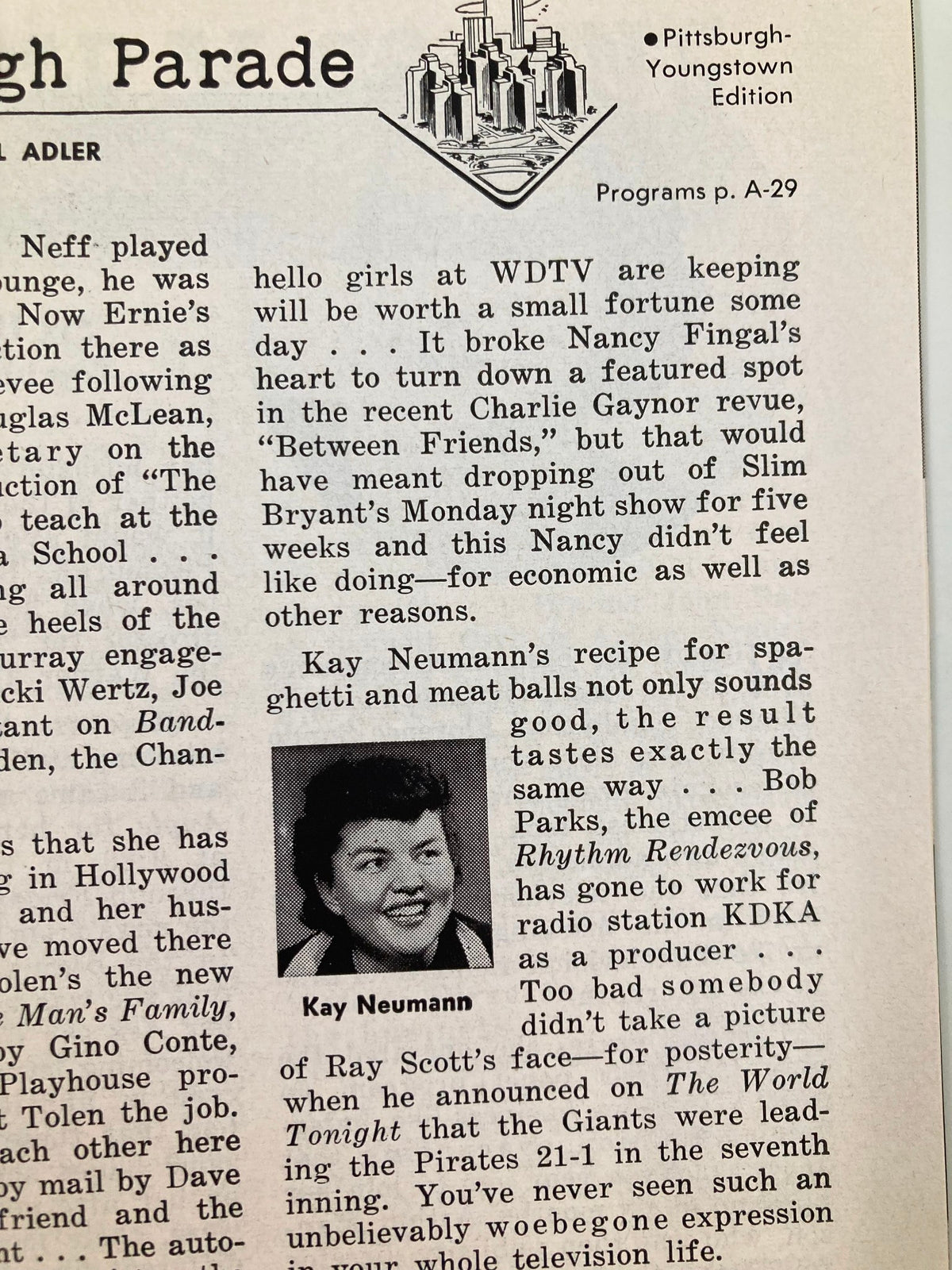 Inside page from TV Guide Magazine June 11 1954 featuring a profile of Kay Neumann and highlights of Pittsburgh television events, reflecting the vibrant TV culture of the 1950s.