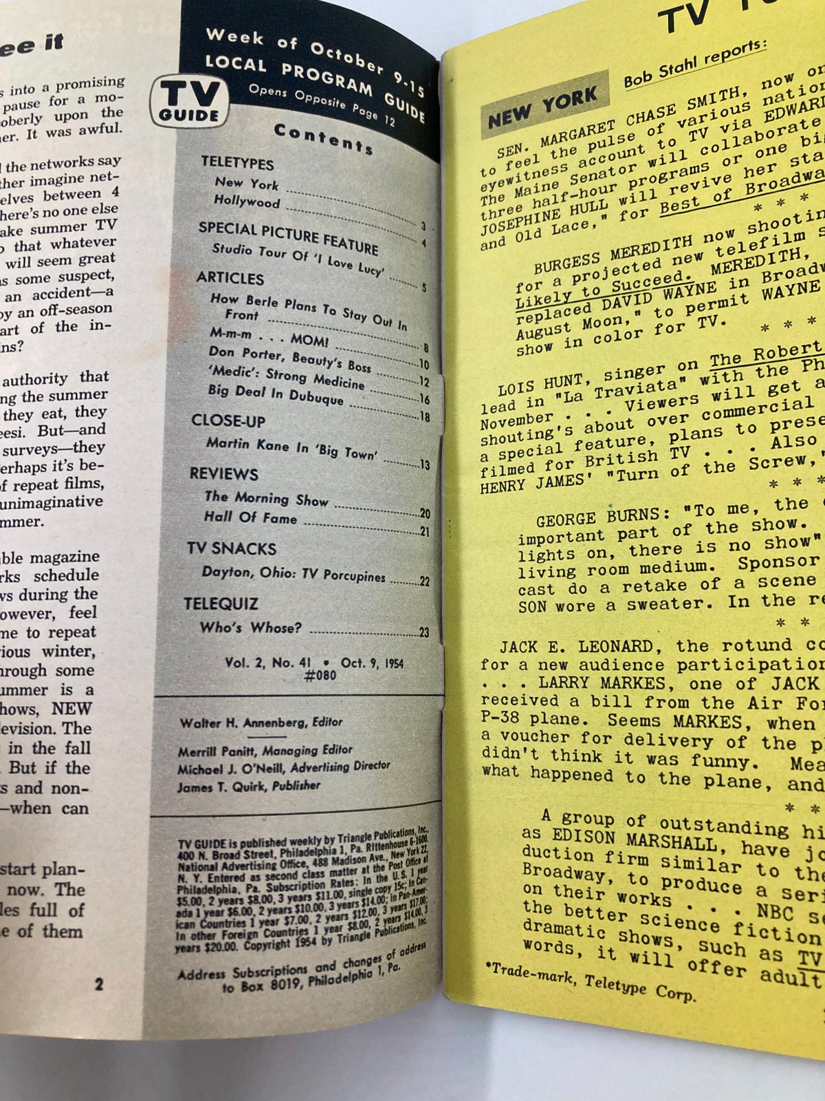 Interior page of TV Guide Magazine October 9 1954, showcasing contents and articles about classic television shows, including a special feature on 'I Love Lucy'.