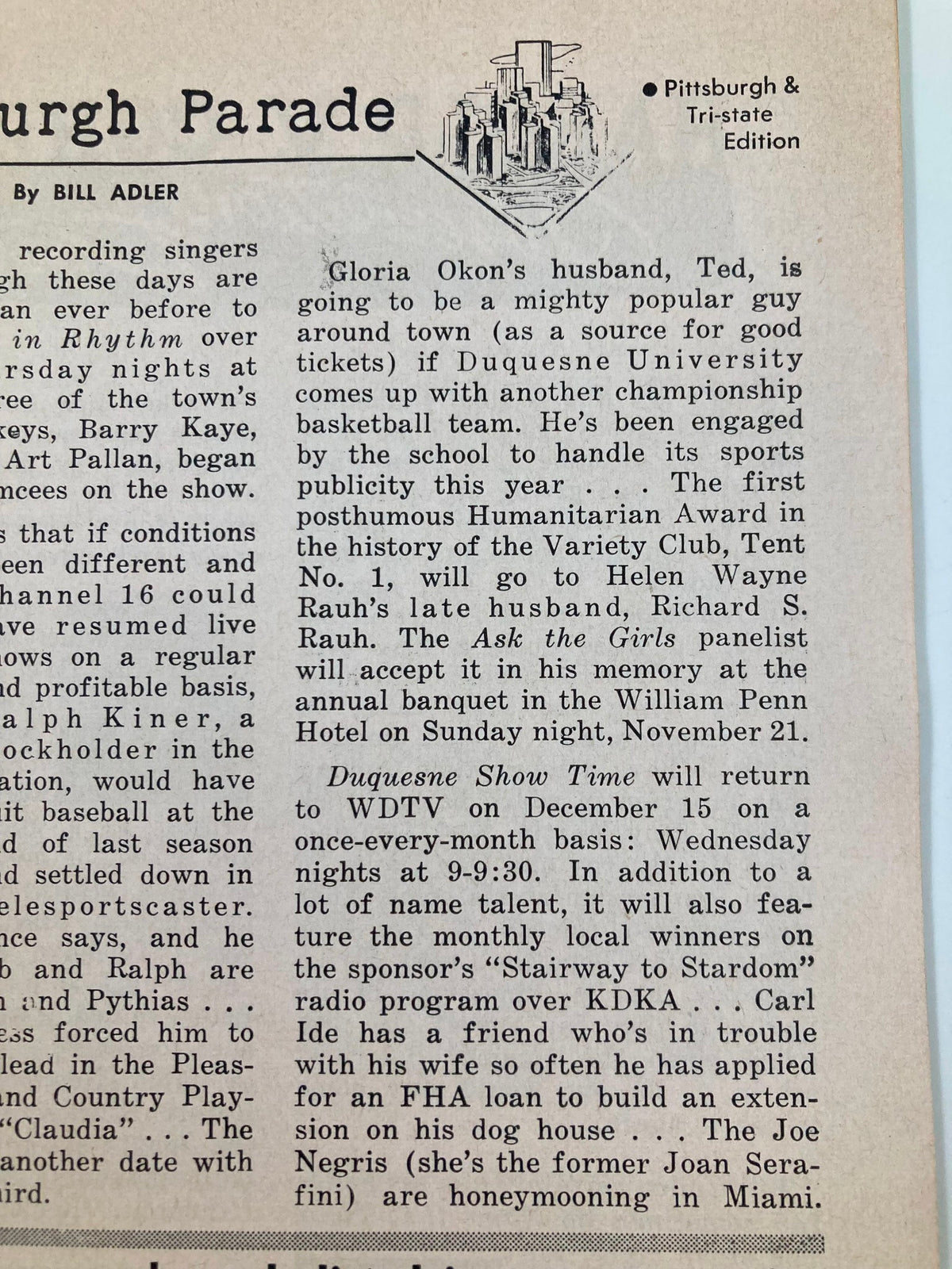 Article page from the Pittsburgh & Tri-state edition of TV Guide Magazine, detailing local events and television programming for the week of November 13-19, 1954.