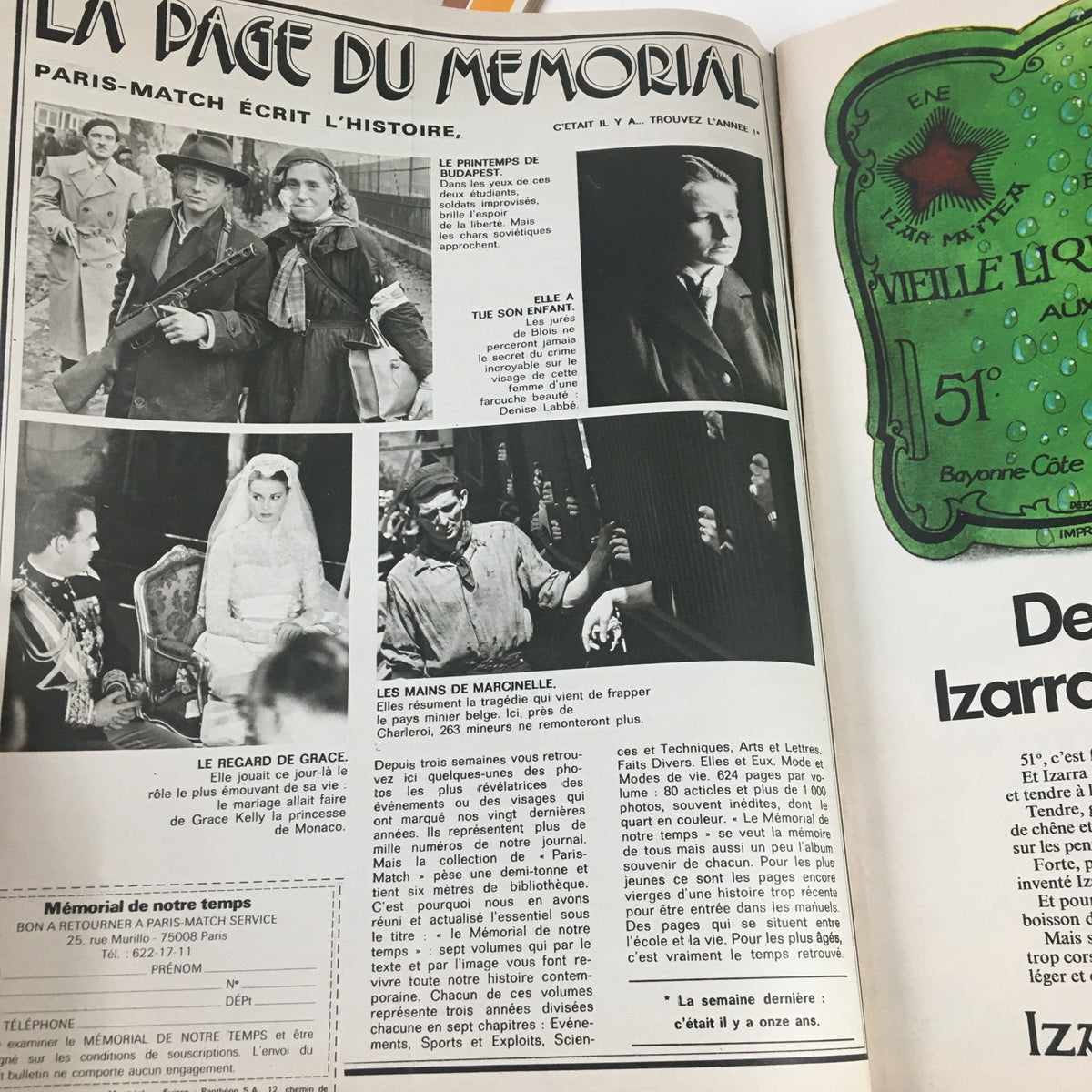 Interior page of Paris Match Magazine from November 1972, displaying historical content and images, including a feature on Grace Kelly and significant events. This page highlights the magazine's focus on memorial storytelling.