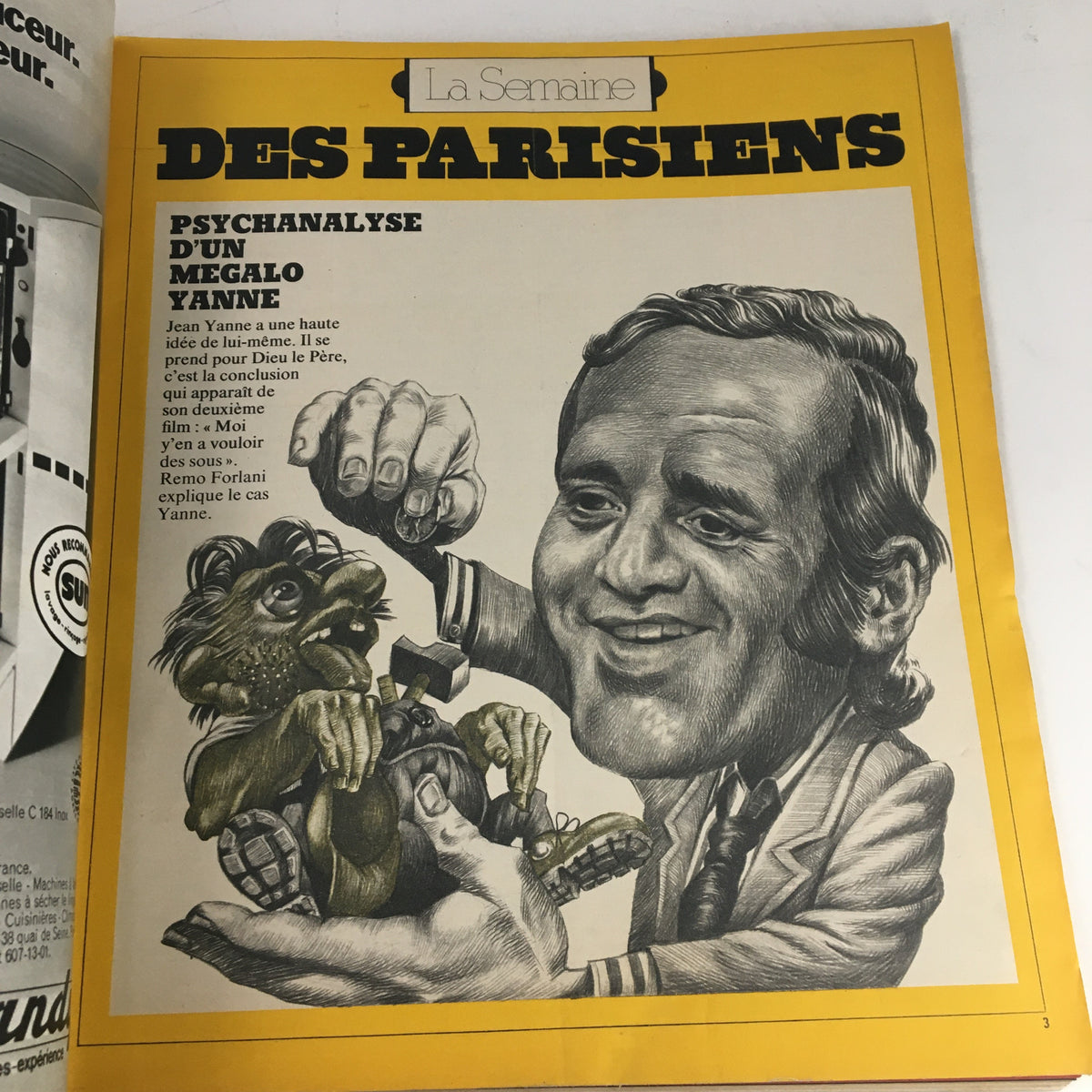 Illustrated cover page from the Paris Match Magazine March 1973, depicting a caricature of Jean Yanne interacting with a puppet, highlighting cultural commentary.