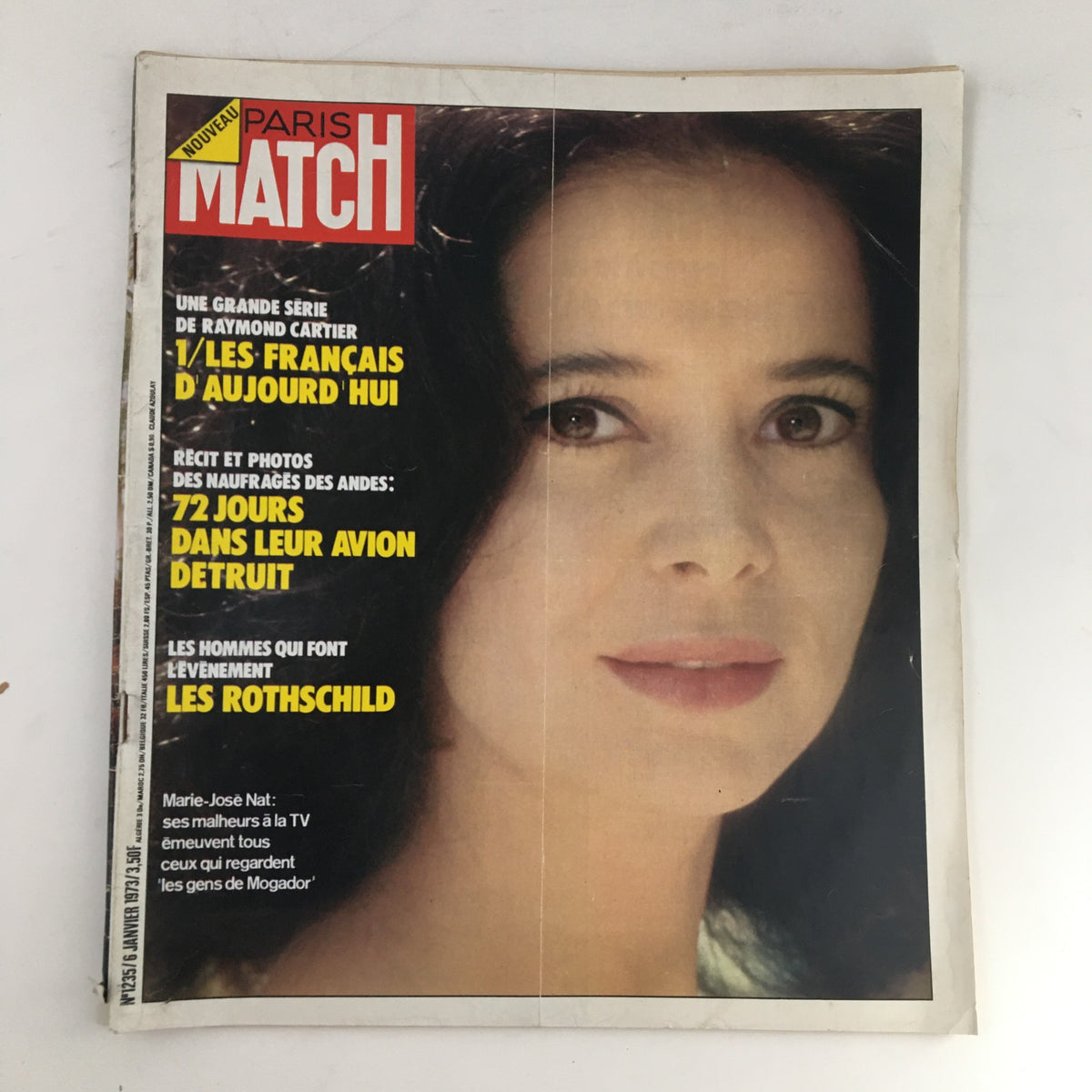 Cover of Paris Match Magazine January 1973 featuring French actress Marie-José Nat, highlighting her captivating charm and vintage aesthetics from the 1970s.