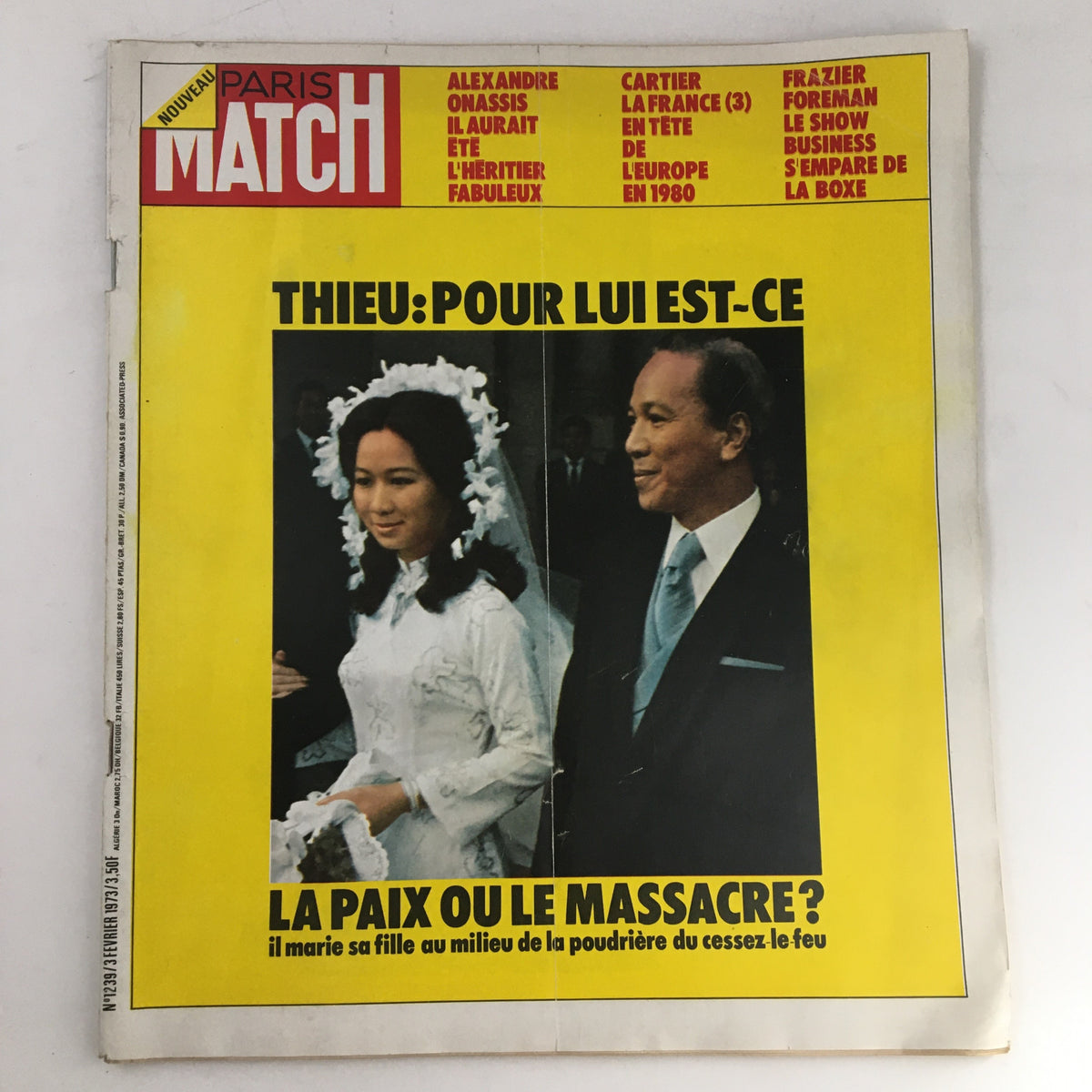 Cover of Paris Match Magazine February 1973 featuring a wedding ceremony, including prominent figures and headlines discussing high society narratives and cultural insights.