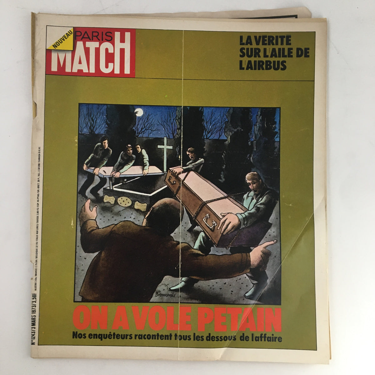 Cover of Paris Match Magazine March 1973 featuring the title 'La Verite Sur Laile De Lairbus'. The illustration depicts individuals carrying a coffin at night, accompanied by a prominent cross in the background.