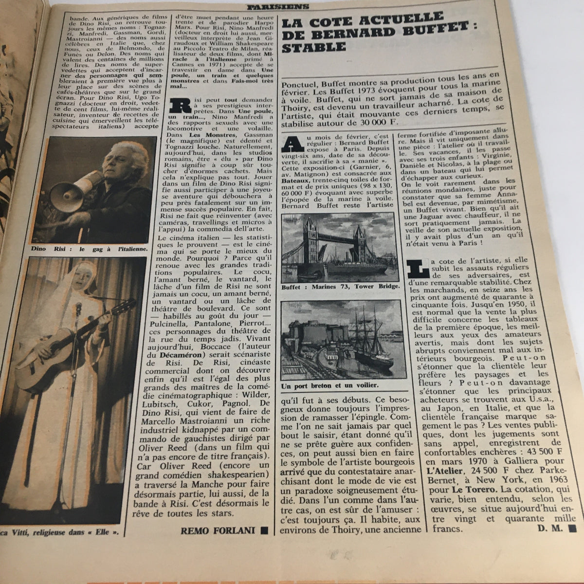 Paris Match Magazine February 1973 feature on Bernard Buffet, featuring an article discussing his art and its current value, including images of the artist and boats.