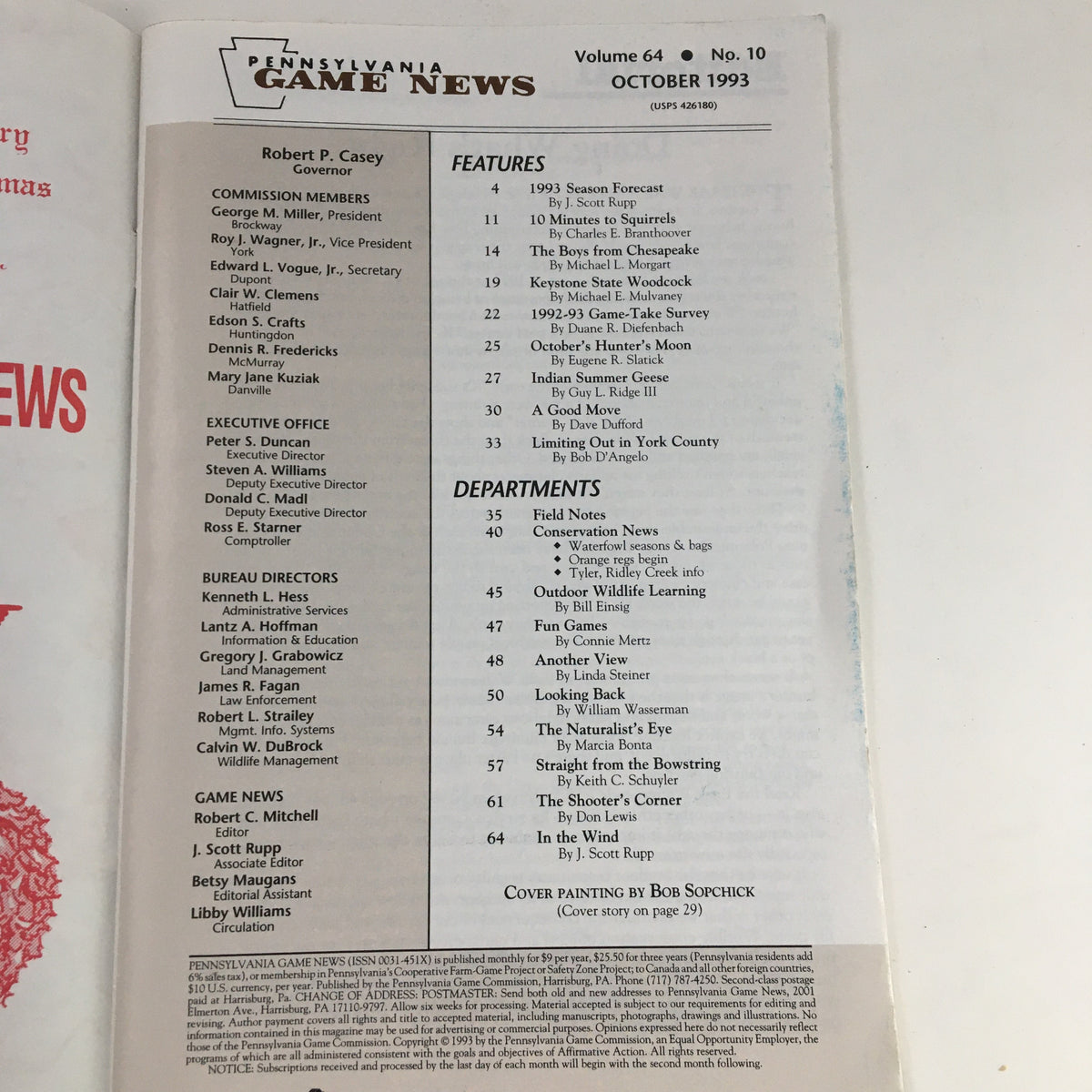 Table of contents page from Pennsylvania Game News October 1993, listing features and articles related to outdoor sports and hunting.