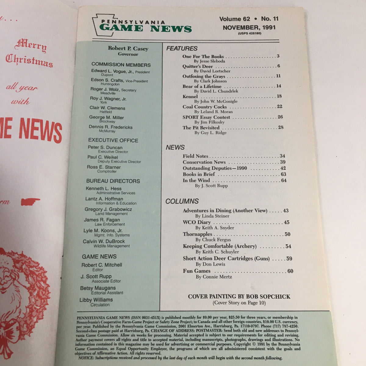 Table of contents for Pennsylvania Game News November 1991, listing articles and features including 'Short Action Deer Cartridges' by Don Lewis.