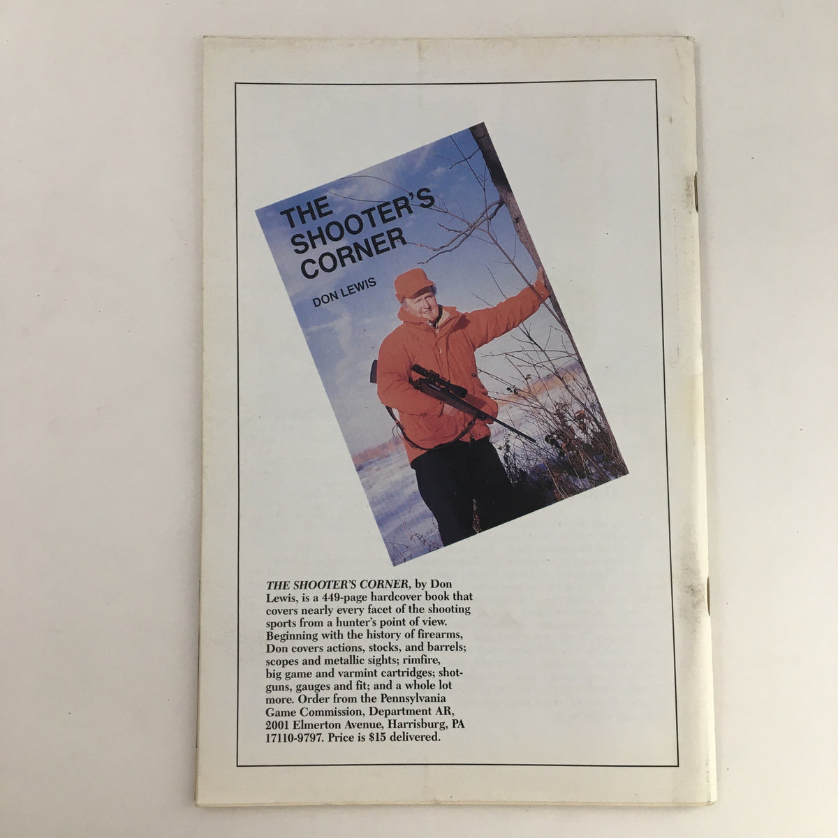 Back cover of Pennsylvania Game News November 1991 showcasing a book titled 'The Shooter's Corner' by Don Lewis, featuring a hunter in an orange outfit.