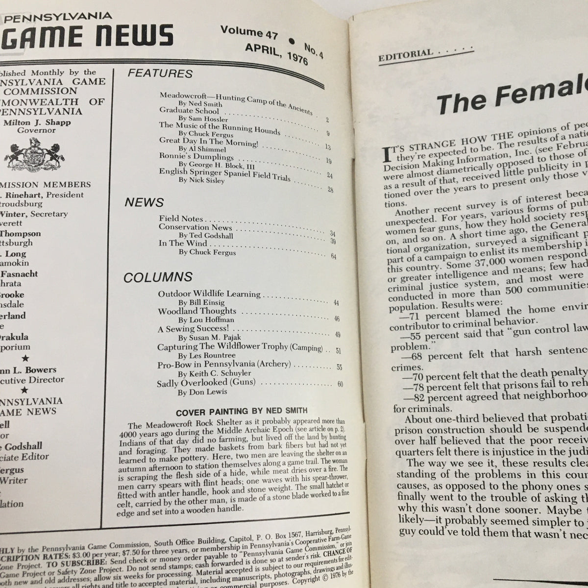 Inside pages of Pennsylvania Game News April 1976, highlighting features and columns, including an article on Meadowcroft Hunting Camp of the Ancients.