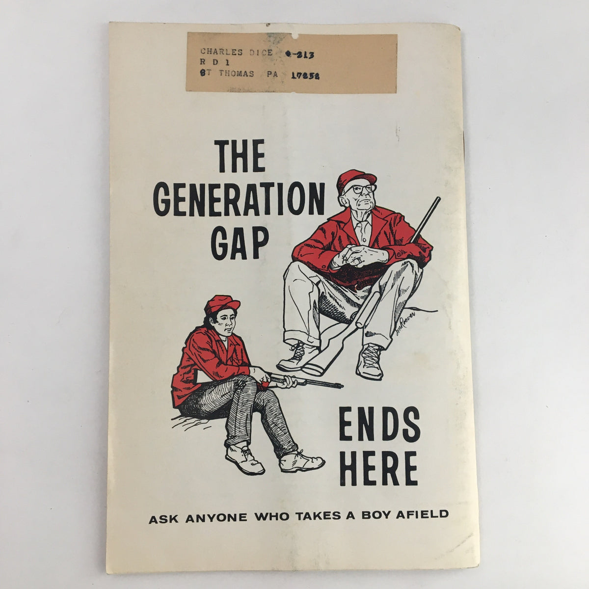 Front cover of a pamphlet titled 'The Generation Gap Ends Here', depicting a young girl and an older man in outdoor attire, highlighting intergenerational connections in hunting and wildlife activities.