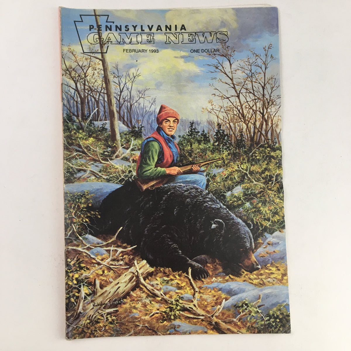 Cover of February 1993 issue of Pennsylvania Game News featuring an illustration of a hunter with a rifle and a black bear, titled 'Pennsylvania Game News February 1993 Big Thicket Buck of Horseshoe Hill'.