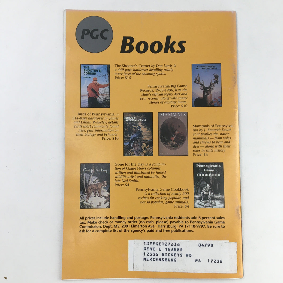 Back cover of Pennsylvania Game News November 1993, showcasing available books related to outdoor sports and wildlife conservation.