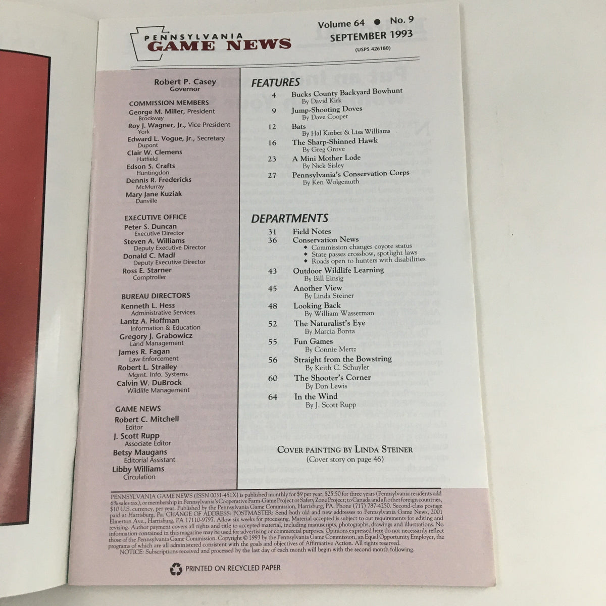 Table of contents for Pennsylvania Game News September 1993, detailing features such as Bucks County Backyard Bowhunt and various articles on wildlife and conservation.