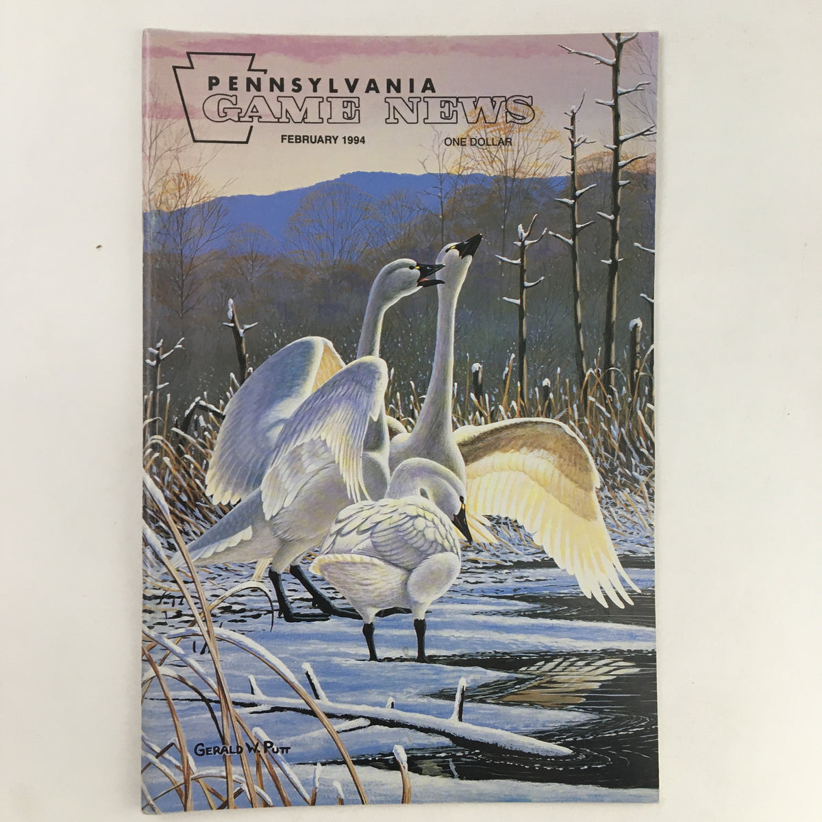 Cover of Pennsylvania Game News February 1994 featuring a painting of swans in a winter landscape, highlighting wildlife themes.