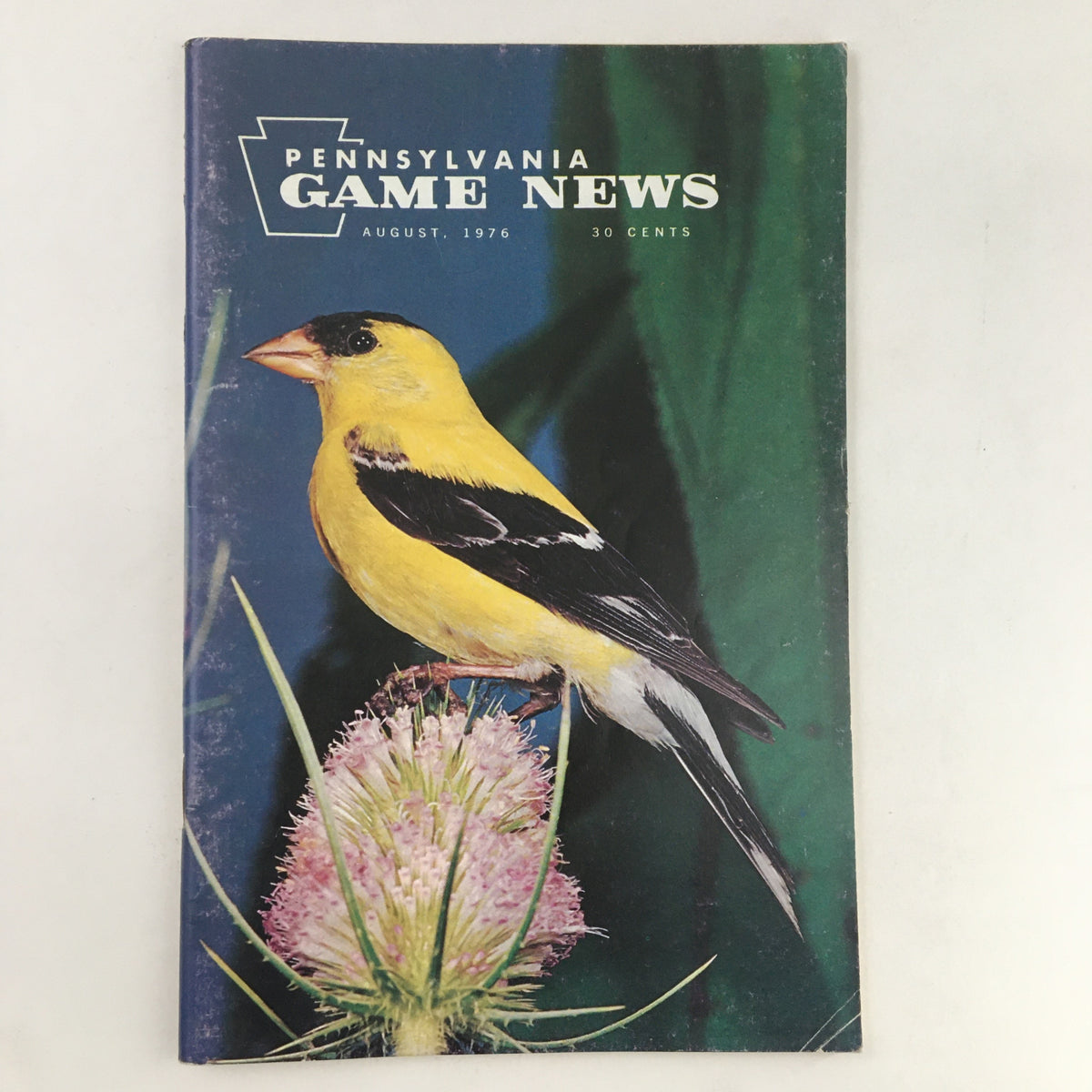 Cover of Pennsylvania Game News August 1976 featuring a vibrant illustration of a yellow bird and a floral backdrop. This issue focuses on the Northeast Fish and Wildlife Conference.