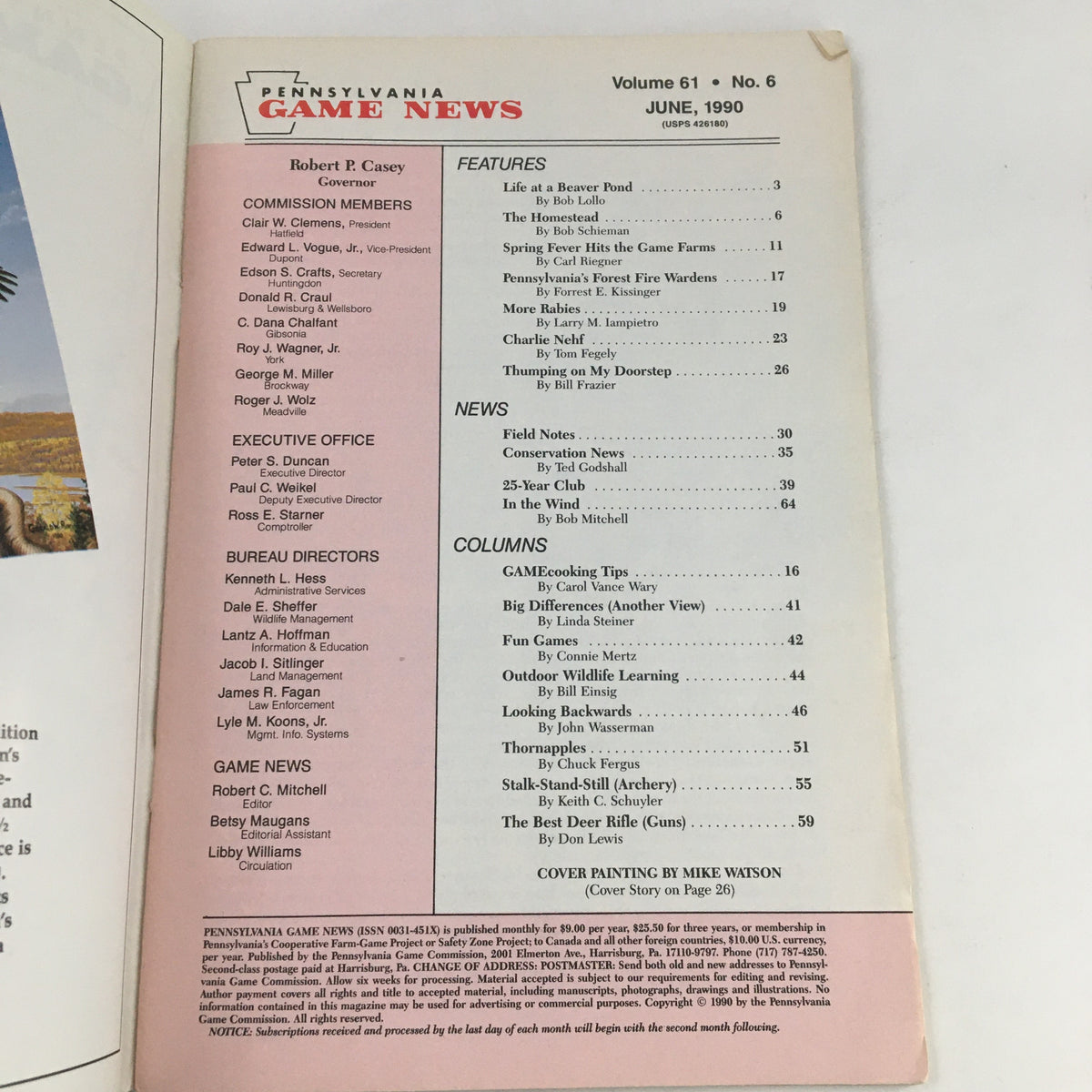 Interior page of Pennsylvania Game News June 1990 featuring articles and features, including Pennsylvania's Forest Fire Wardens. This collectible magazine showcases highlights of outdoor life and wildlife management.