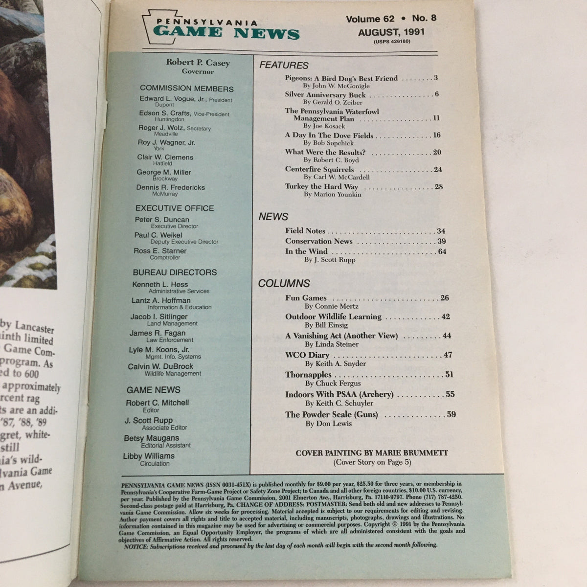Interior page of Pennsylvania Game News August 1991 listing features, news, and columns. Includes contributors' names and details related to wildlife topics. Title: Pennsylvania Game News August 1991 The Pennsylvania Waterfowl Management Plan.