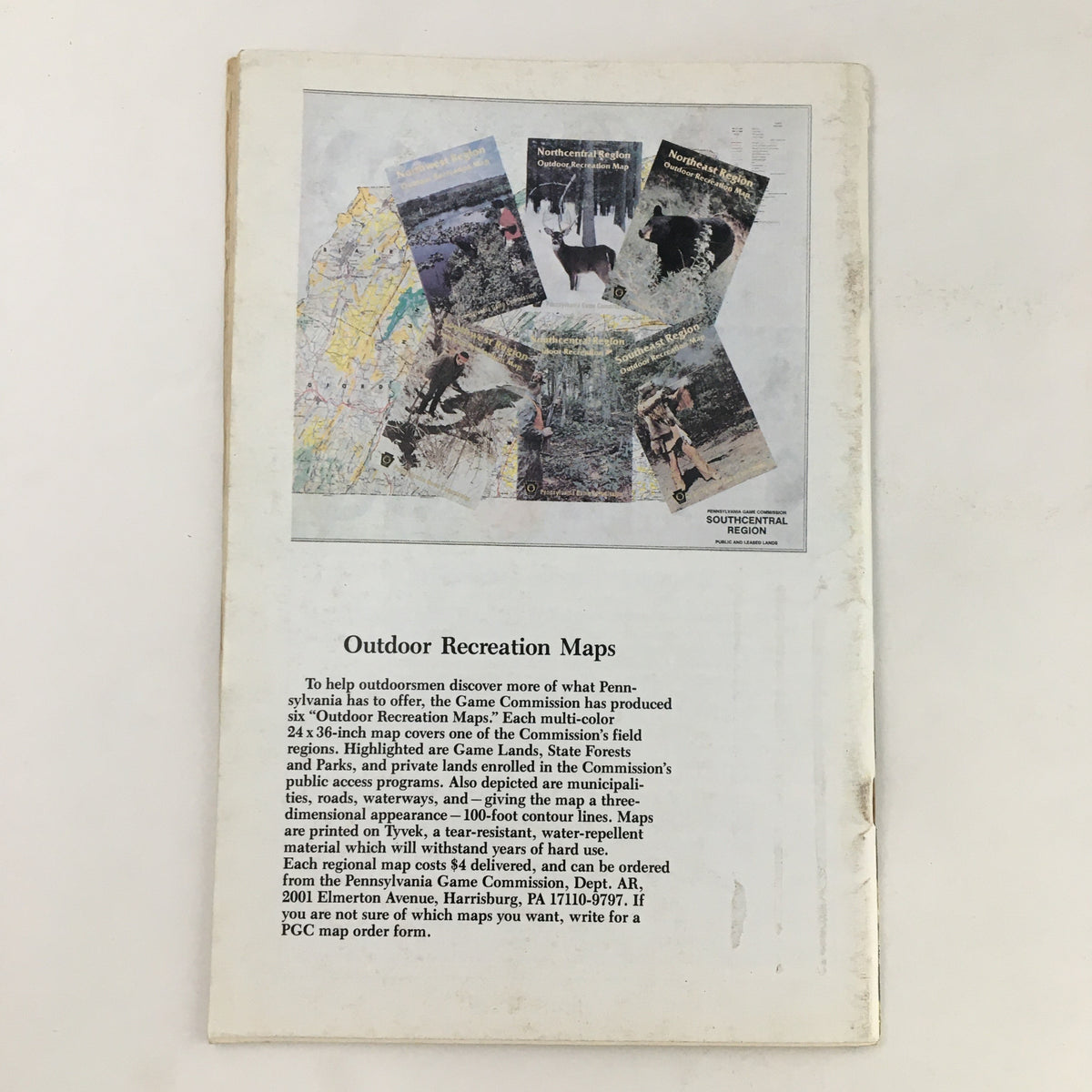 Back cover of Pennsylvania Game News August 1991 showing a collage of outdoor recreation maps and a description of the Pennsylvania Game Commission’s resources for outdoor enthusiasts. Title: Pennsylvania Game News August 1991 The Pennsylvania Waterfowl Management Plan.
