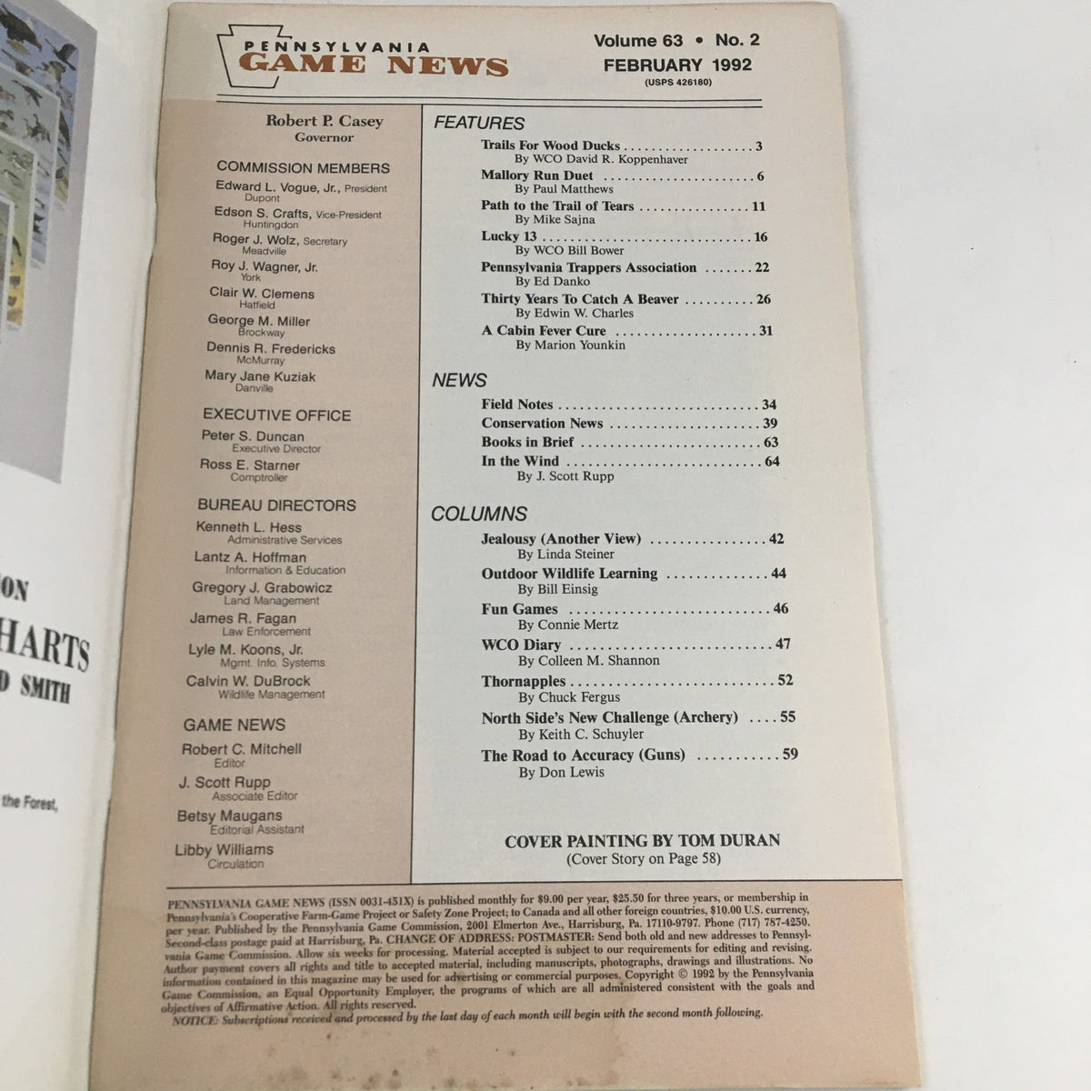 Table of contents from Pennsylvania Game News, February 1992, featuring articles on wood duck conservation and outdoor adventures.