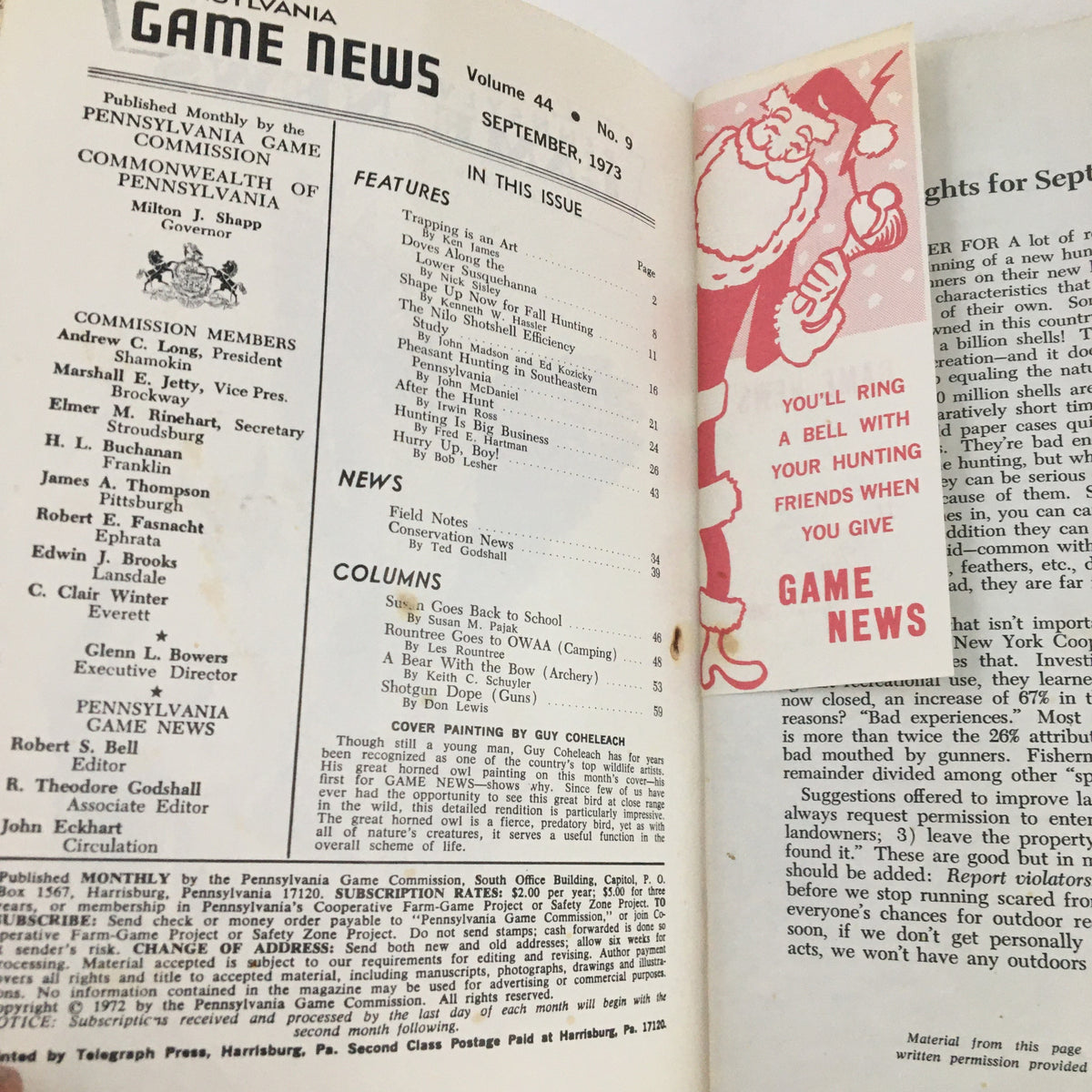 Interior page of Pennsylvania Game News September 1973 displaying the table of contents and subscription information, highlighting the magazine's features.