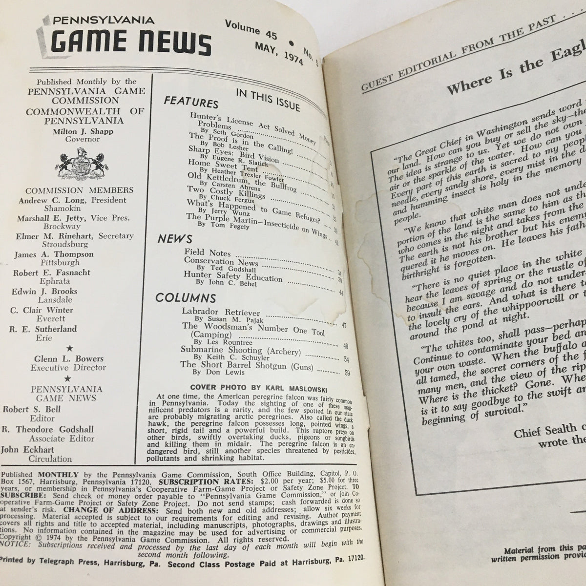 Inside pages of the May 1974 edition of Pennsylvania Game News featuring the table of contents, highlighting articles including 'The Purple Martin-Insecticide on Wings' and featuring classic wildlife and conservation themes.