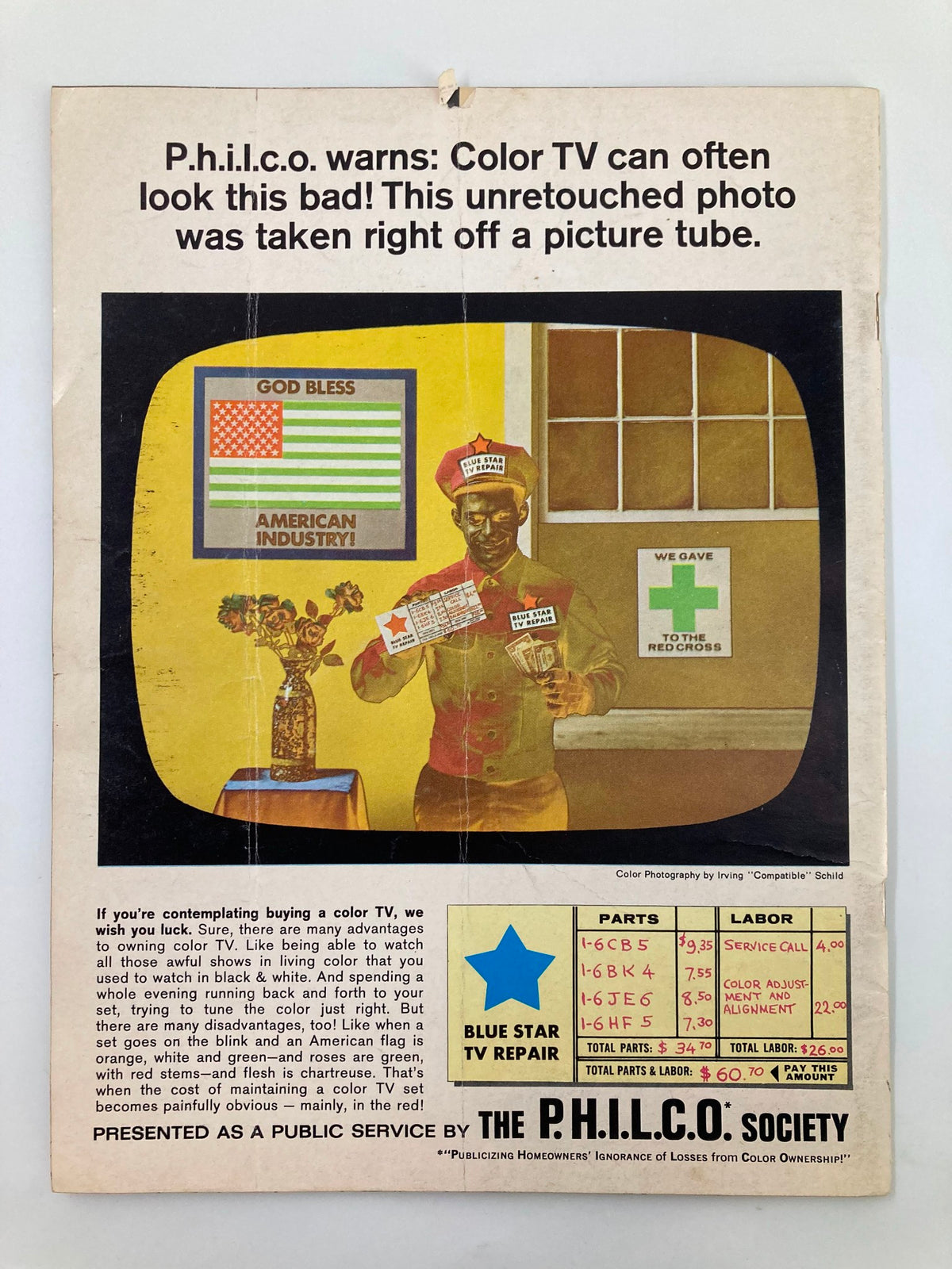 Back cover of Mad Magazine April 1967 No. 110, featuring a humorous ad warning about the pitfalls of color TV.