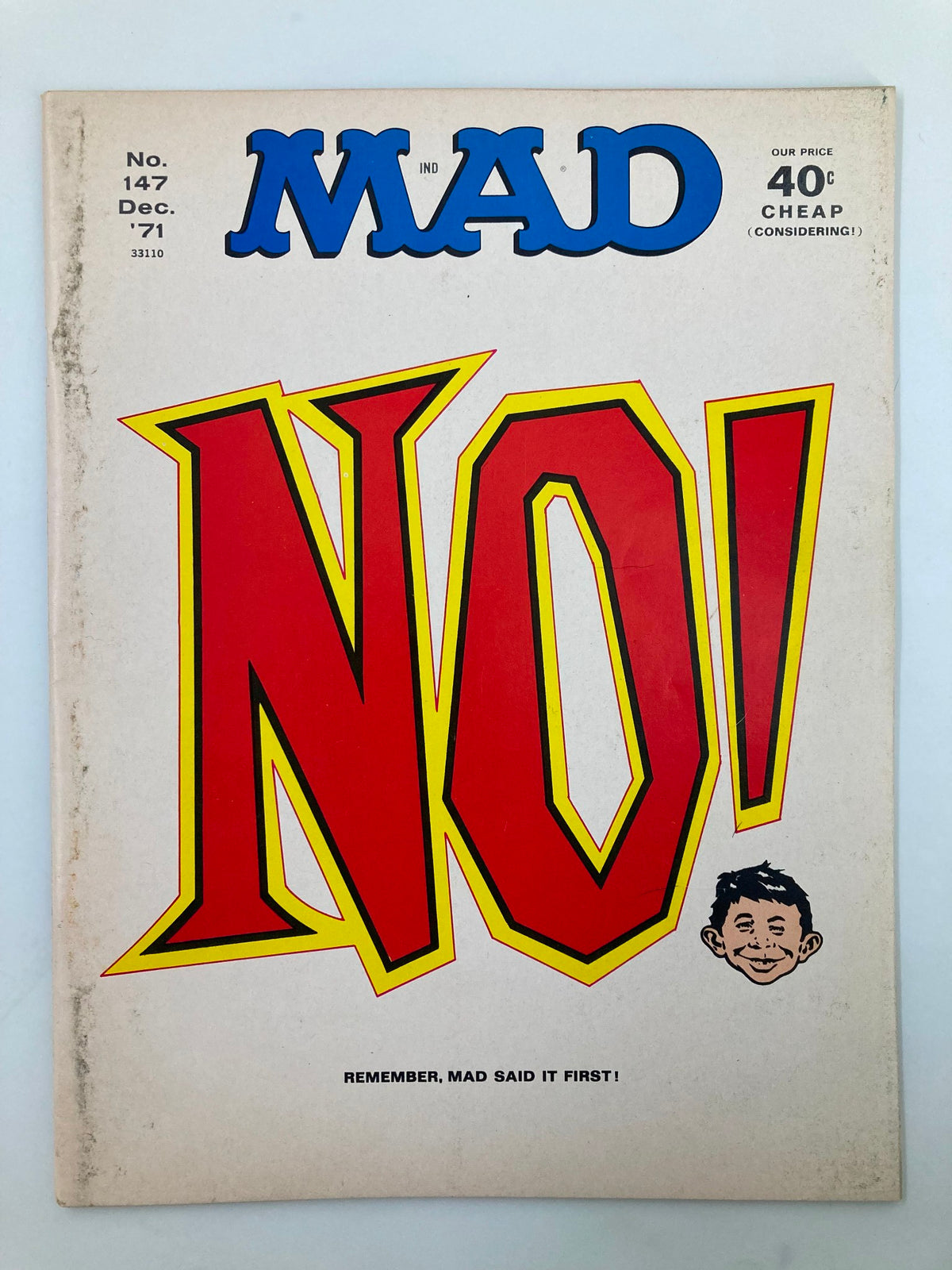 Cover of Mad Magazine December 1971 No Alfred! featuring bold 'NO!' text and iconic artwork, rated Very Good 4.0. A classic edition showcasing the humor of the 1970s.