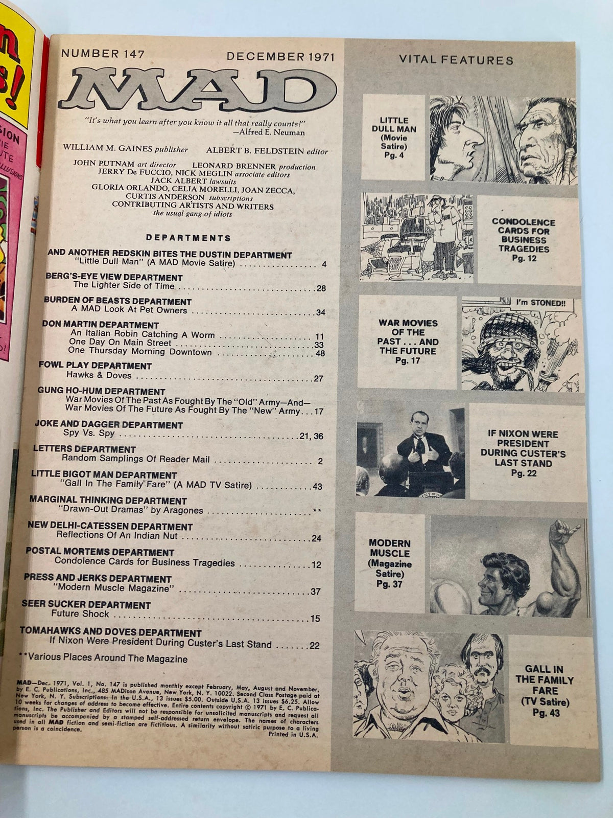 Interior page of Mad Magazine December 1971 No Alfred! showcasing the table of contents and notable features.