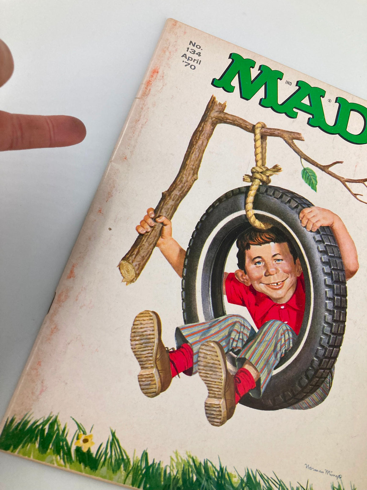 Close-up view of the cover of Mad Magazine April 1970 No. 134, showcasing a child in a tire swing under the title 'Self Swing on a Branch.' A nostalgic piece of 1970s vintage humor.