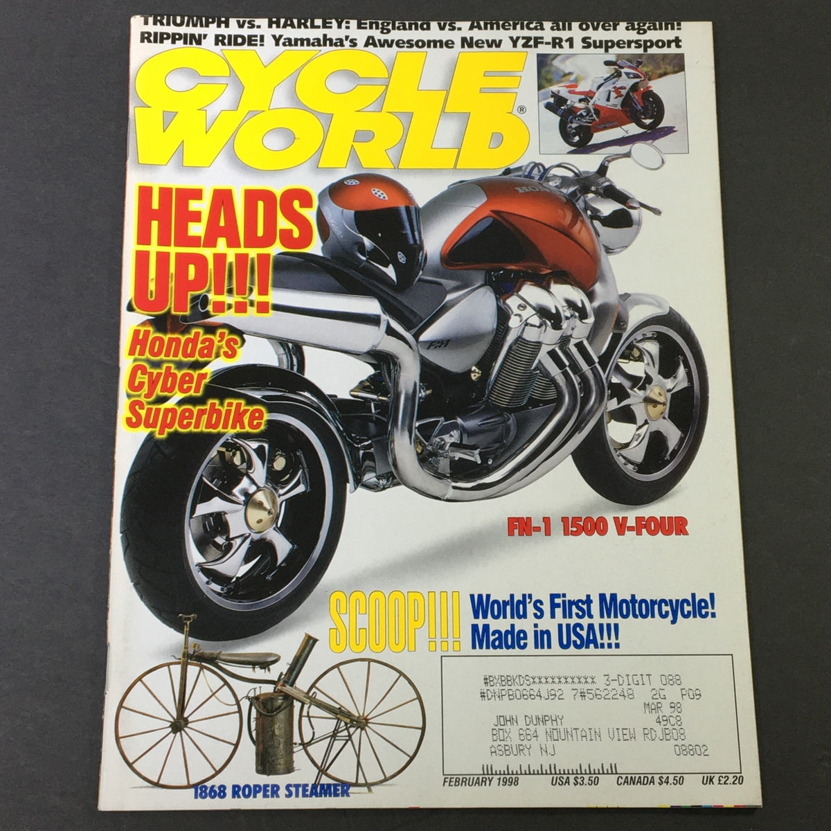 Cycle World Magazine February 1998 cover featuring the 1868 Roper Streamer and FN-1 1500 V-Four motorcycle, showcasing the latest in motorcycle technology and culture from the late 90s.