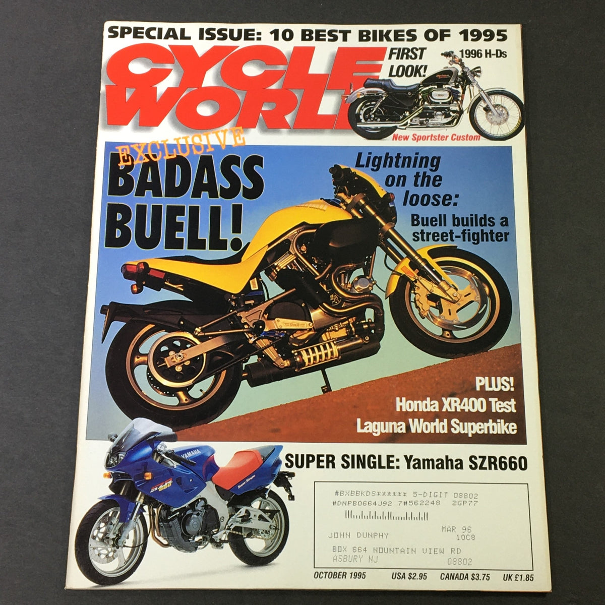 Cycle World Magazine October 1995 cover featuring a yellow Buell motorcycle, with highlights on the Honda XR400 test and Laguna World Superbike.