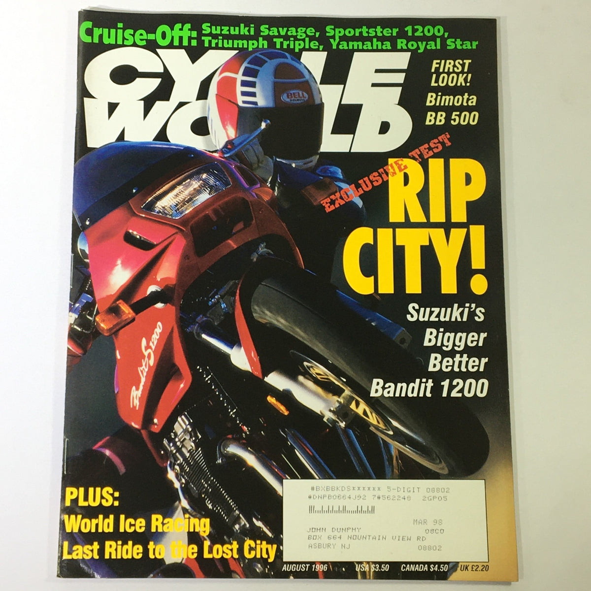 Cover of Cycle World Magazine from August 1996 featuring the Suzuki Savage, Sportster 1200, and Bimota BB500 with vibrant colors and motorcycle imagery