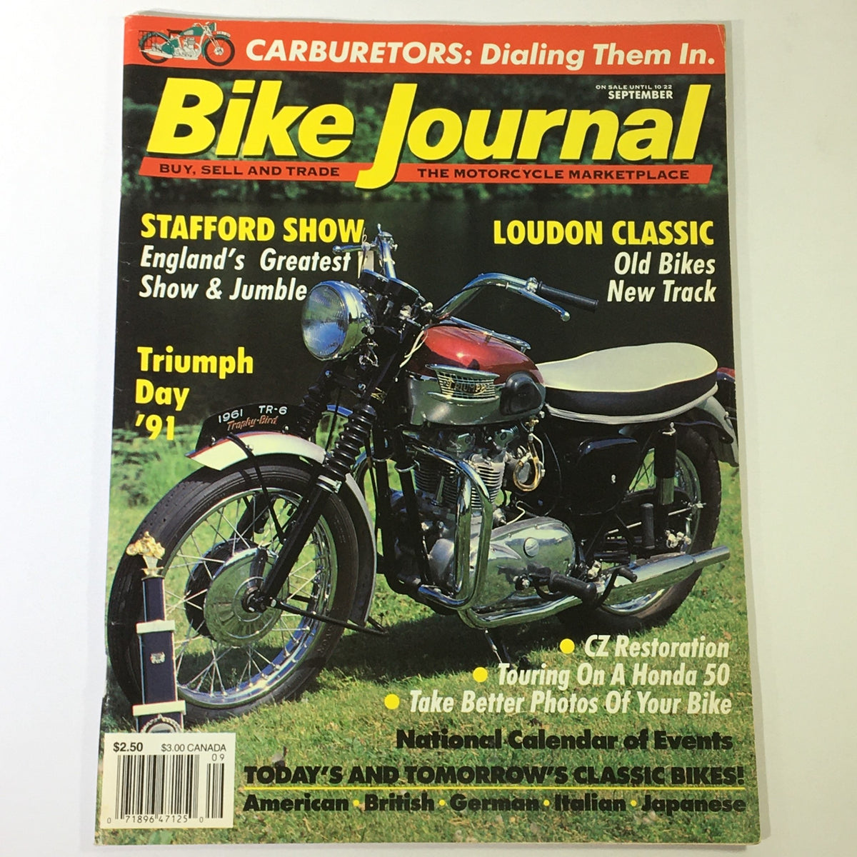 Bike Journal Magazine September 1991 cover showcasing a classic motorcycle with highlights on the Stafford Show, Loudon Classic, and Triumph Day.