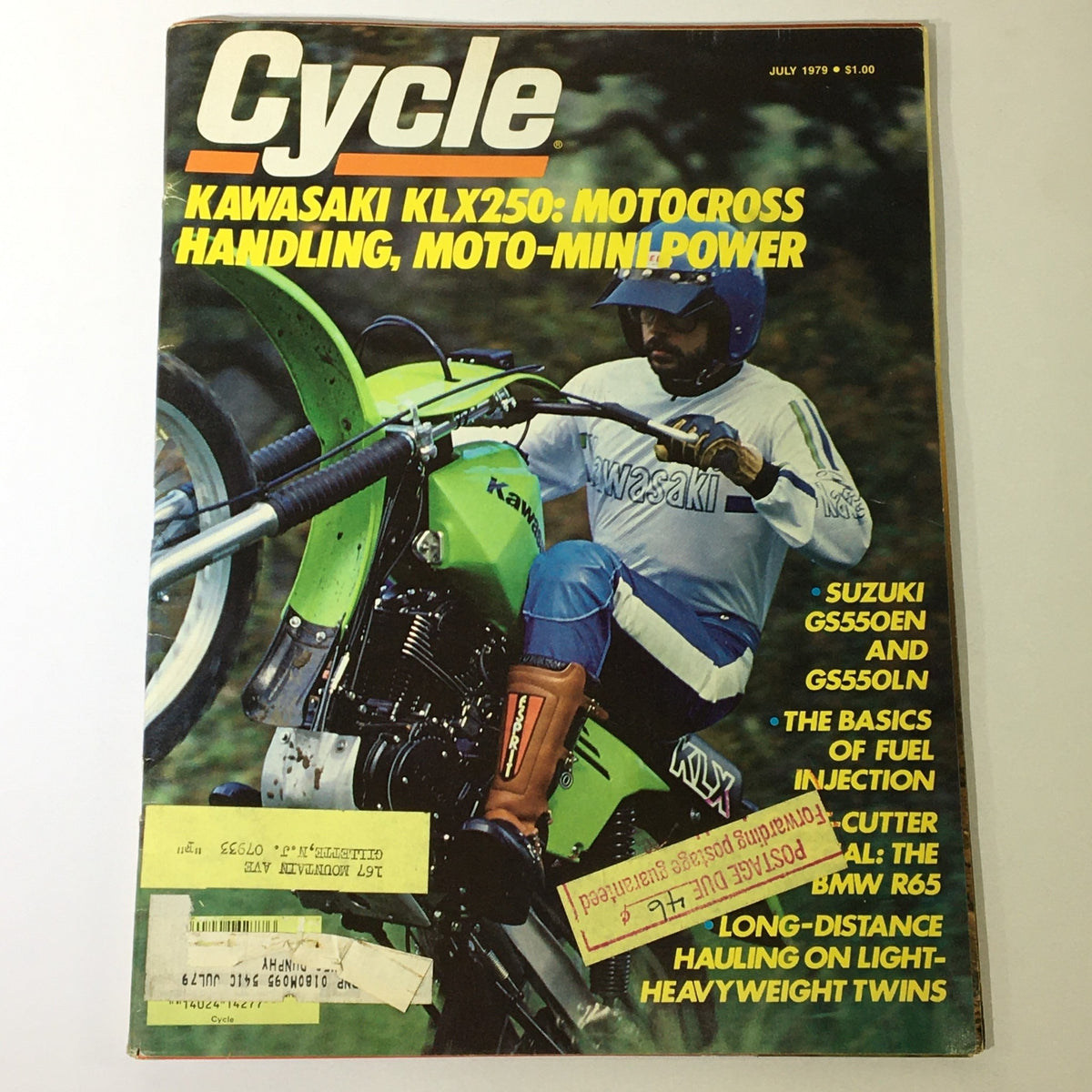 Cover of VTG Cycle Magazine July 1979 featuring Kawasaki KLX250, showcasing motocross handling and moto-minipower articles.
