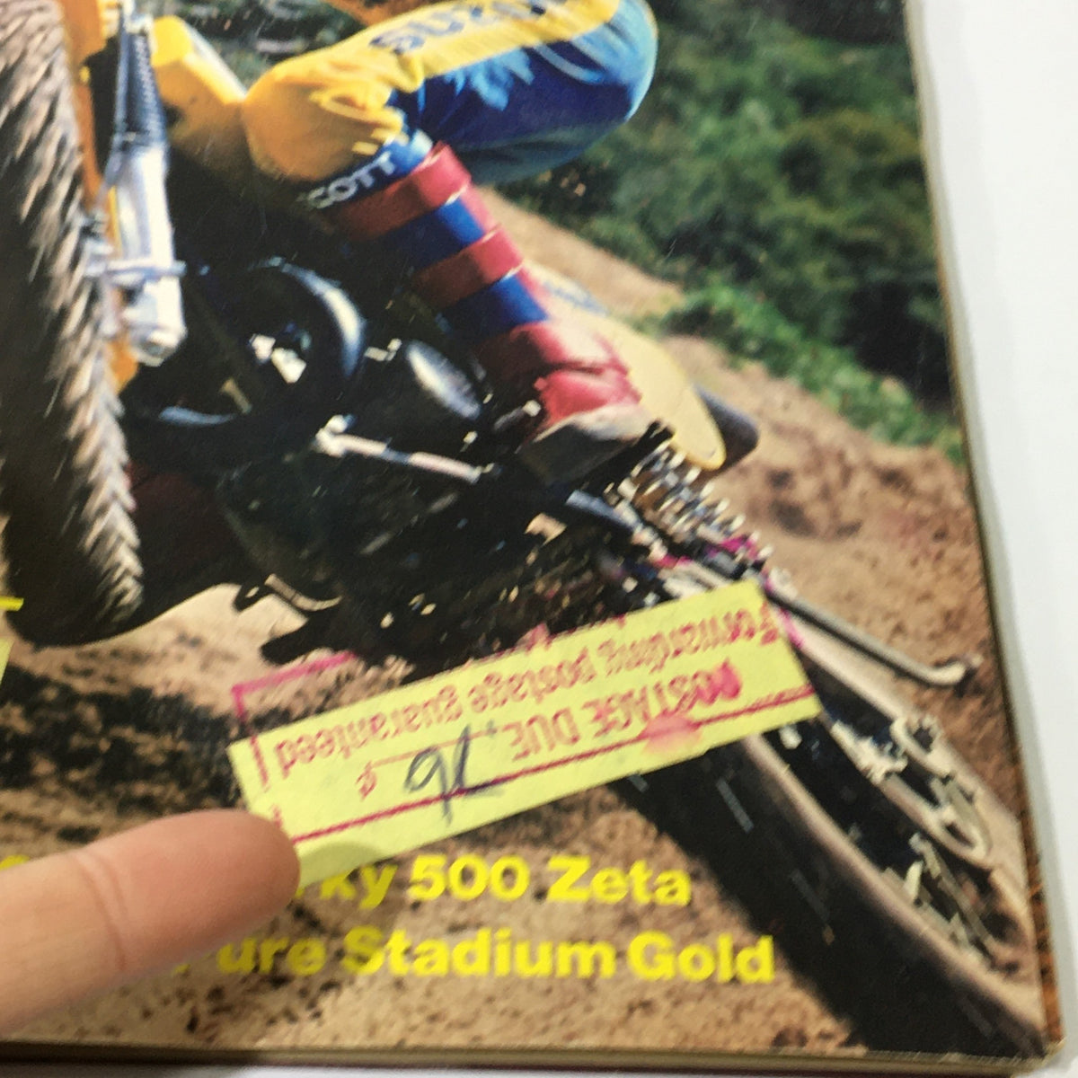 Close-up of Vintage Cycle Magazine June 1979 highlighting Suzuki RM400N and quirky 500 Zeta, with visible postage due sticker.