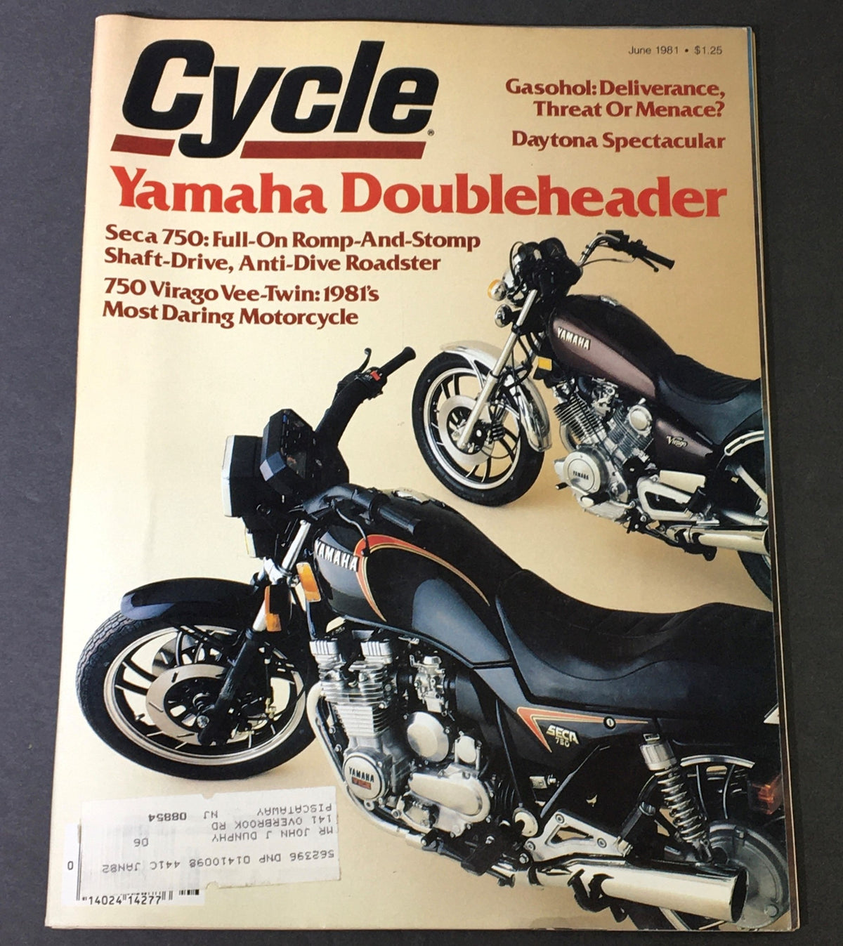 Cycle Magazine June 1981 featuring Yamaha Doubleheader, Seca 750, and 750 Virago Twin motorcycles on the cover, showcasing vintage motorcycle details.