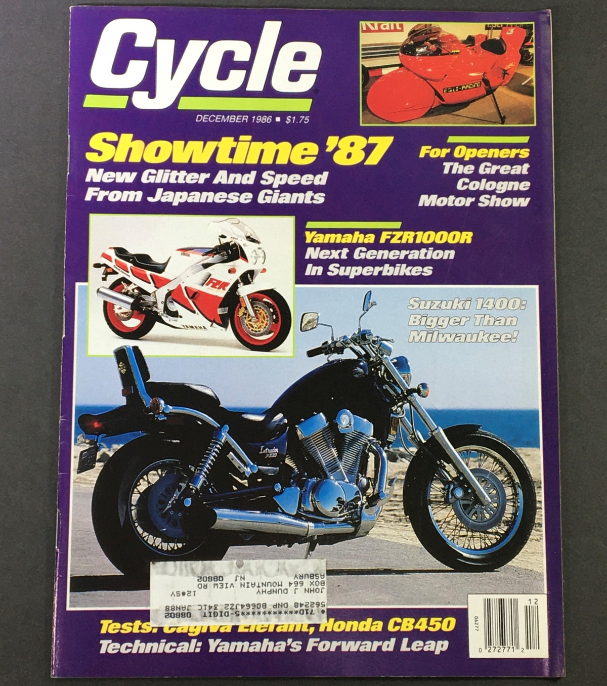 Cover of the VTG Cycle Magazine December 1986 featuring the title 'Showtime '87' with coverage of Yamaha FZR1000R, Suzuki 1400, and Honda CB450. The magazine showcases stunning motorcycle visuals and highlights new innovations from Japanese manufacturers.