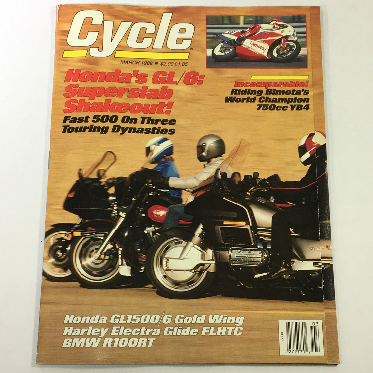 Cycle Magazine March 1988 featuring Honda GL/6, Bimota 750cc YB4 World Champion, and iconic touring motorcycles.