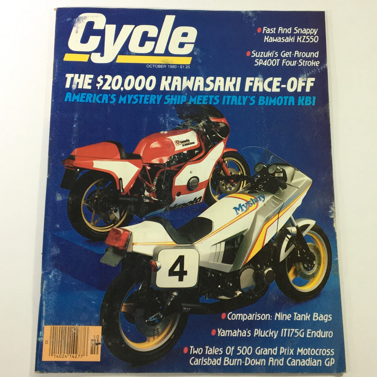 Vintage Cycle Magazine Cover - October 1980 featuring Kawasaki KZ550 and Bimota KB1 models with highlights on motorcycle performance and competition.